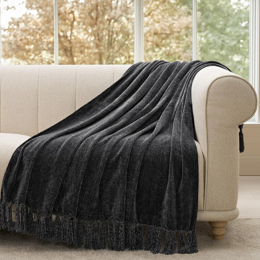 Lightweight Warm Soft Chenille Throw Blanket for Couch, Cozy Plush Fuzzy Decorative Chenille Knit Throw Blanket with Tassels, Lightwei... - Luxury Knitted Decorative Throw Blanket with Fringes Detail