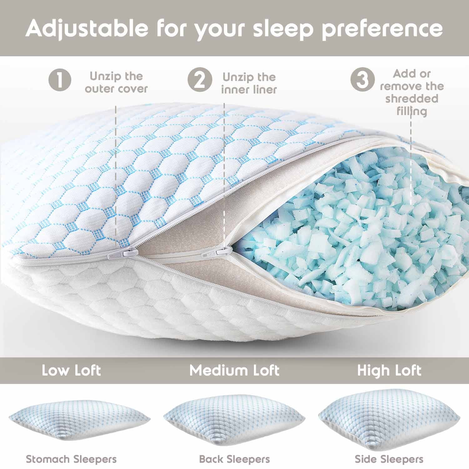 Hotel Collection Cooling Pillows for Bed, Memory Foam Bed Pillow, Queen Pillows 20” X 28”, 2 Pack - Orthopedic Shredded Foam Bed Pillow Set Detail