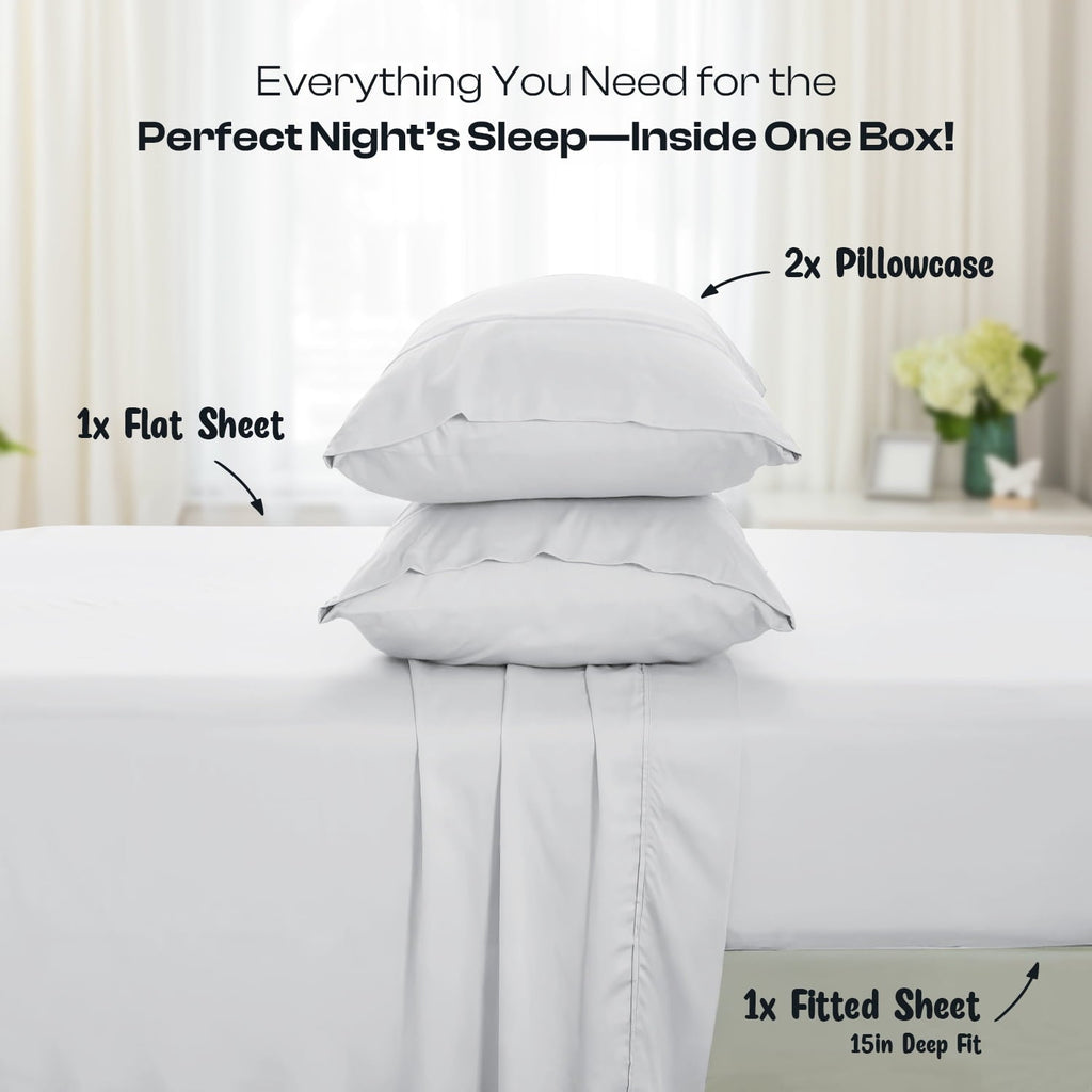 Wrinkle-Resistant IR 3 Piece 1800 Series Deep Pocket Soft Microfiber Solid Bed Sheet Set for Kids, White Twin Size - Breathable Egyptian Cotton Flat & Fitted Sheets Detail