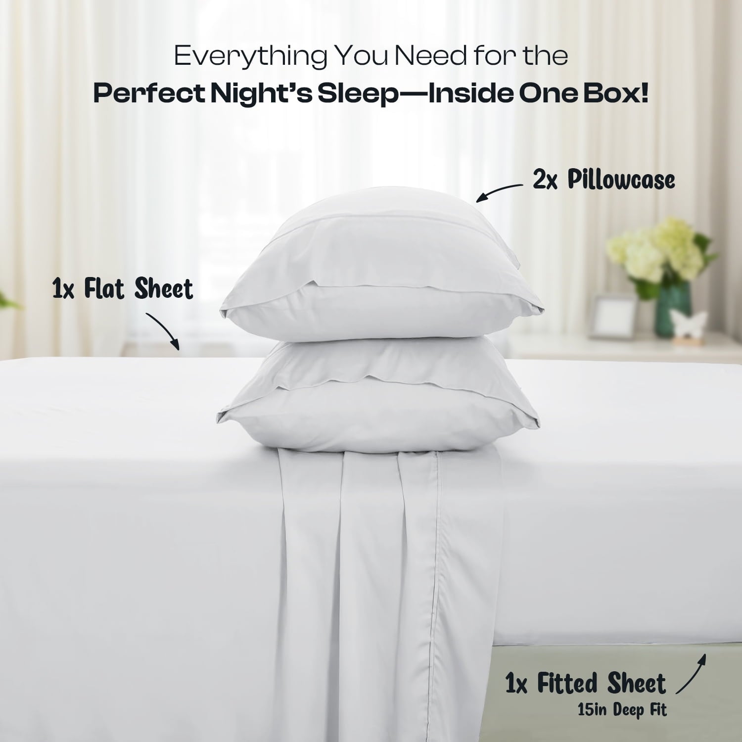 Wrinkle-Resistant IR 3 Piece 1800 Series Deep Pocket Soft Microfiber Solid Bed Sheet Set for Kids, White Twin Size - Breathable Egyptian Cotton Flat & Fitted Sheets Detail