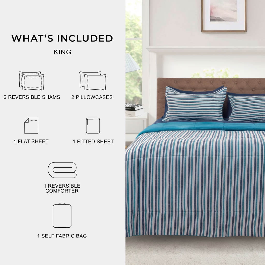 Fluffy Down Alternative All in One Reversible Comforter and Sheet Set- 7 Piece, Queen, Blue Pinstripe - Cloud-Like Soft Lightweight Bed Comforter Detail
