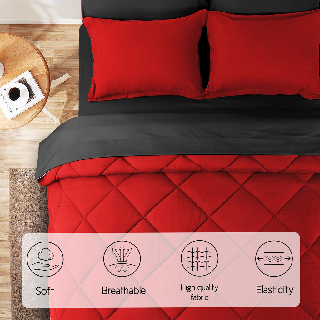 Hypoallergenic Cloud 7 Piece Reversible Queen Comforter Set - Red Quilted Down Alternative Bedding All Season Super Soft Microfiber Bed in... - All-Season Down Alternative Comforter Insert Detail