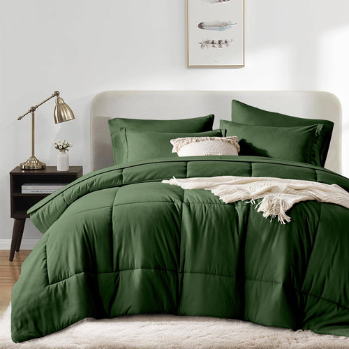 All-Season Queen Comforter Set Forest Green Bed in a Bag Queen Size 7 Pieces Soft Bed Set Lightweight Microfiber Green Bedding C... - Luxurious Quilted Duvet Cover Set Detail