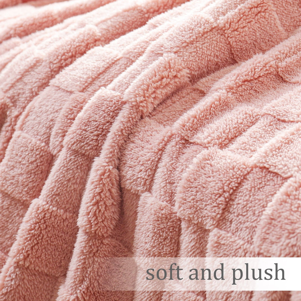 Decorative Knitted Fleece Throw Blanket for Couch, Super Soft Warm Lightweight Checkered Pattern Blanket for All Seasons, Pink, 50"x60" - Cozy Fleece Throw Blanket for Couch & Bed Detail