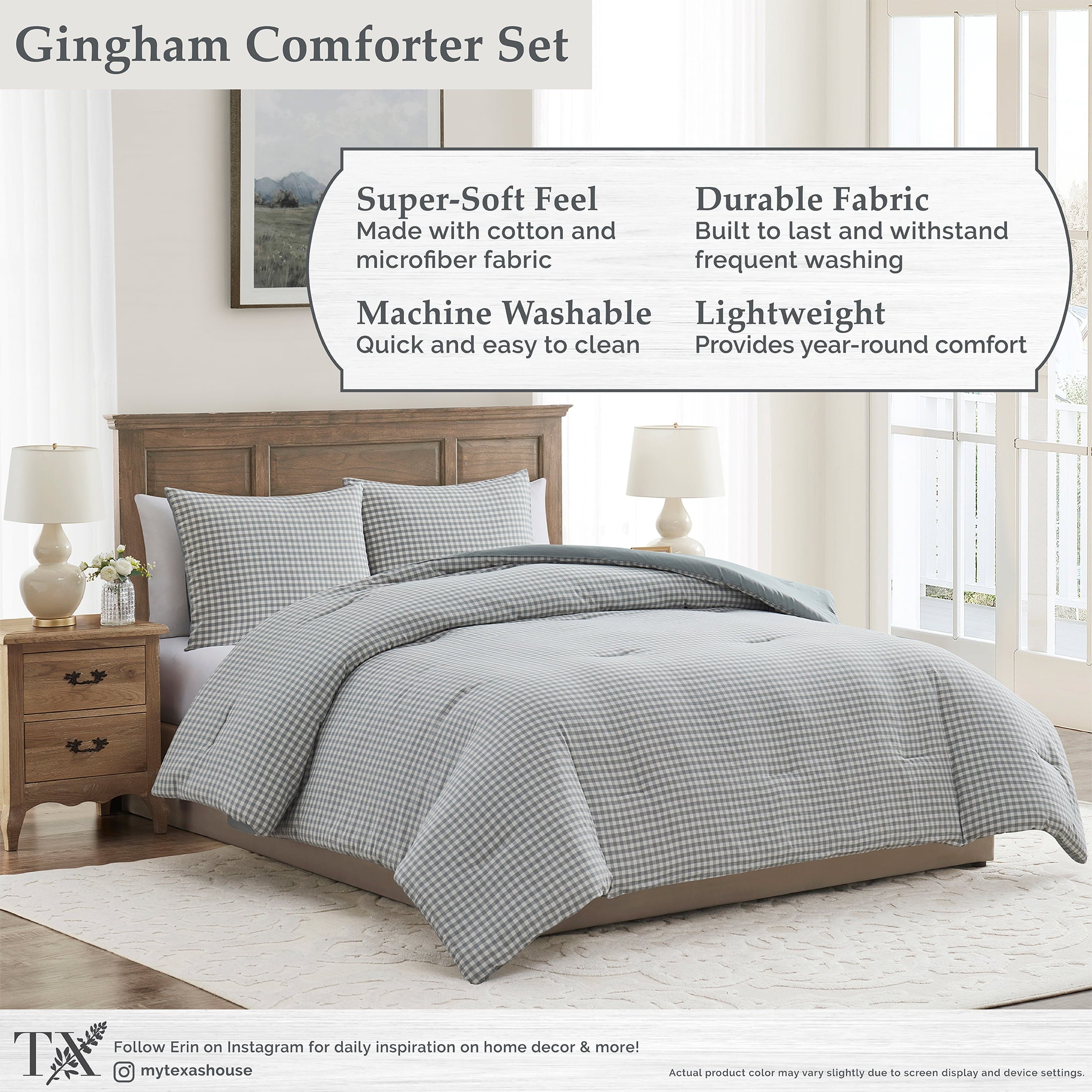 Fluffy Down Alternative Full/Queen Comforter Set, All-Season, 3-Piece, Green Gingham Plaid - All-Season Down Alternative Comforter Insert Detail