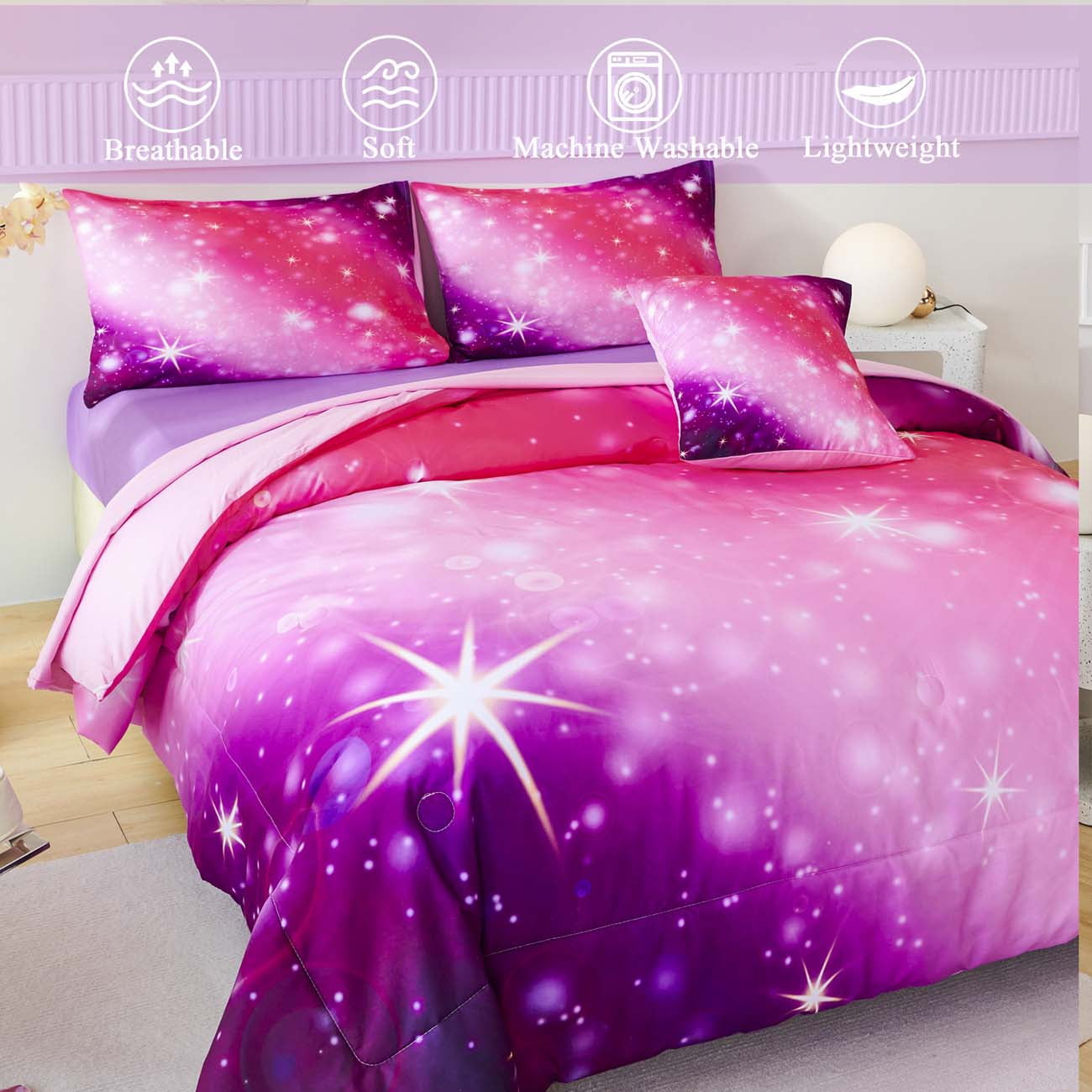 Luxurious Quilted 4Pcs Rainbow Twin Size Comforter Set for Girls, Pink Purple Gradient Glitter Kids Bedding Sets, Soft Galaxy Girls Bed... - Hypoallergenic Ultra-Fluffy Quilt for Winter Detail