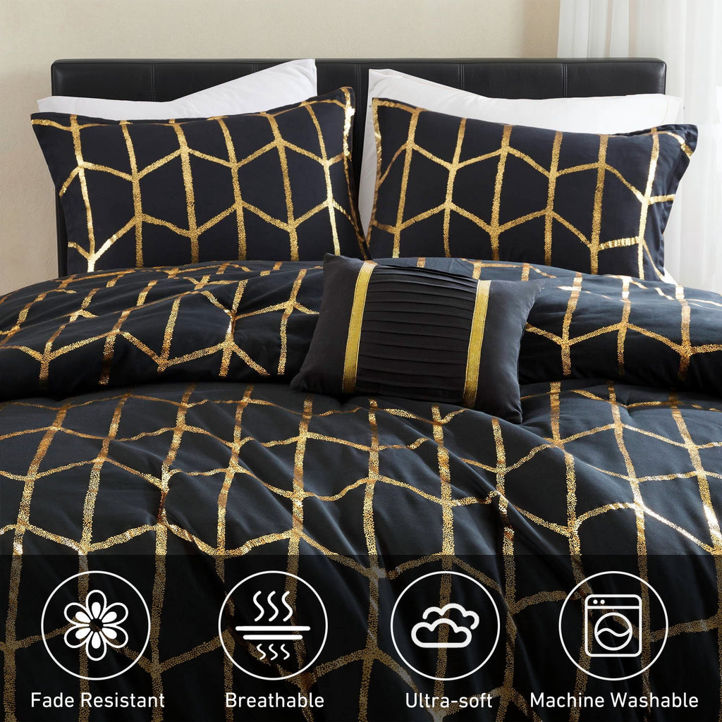 Fluffy Down Alternative Full/Queen Size Comforter Set, 4-Piece Bedding Set for All Seasons, Geometric Metallic Comforter Bed Set with Decor P... - Hypoallergenic Ultra-Fluffy Quilt for Winter Detail