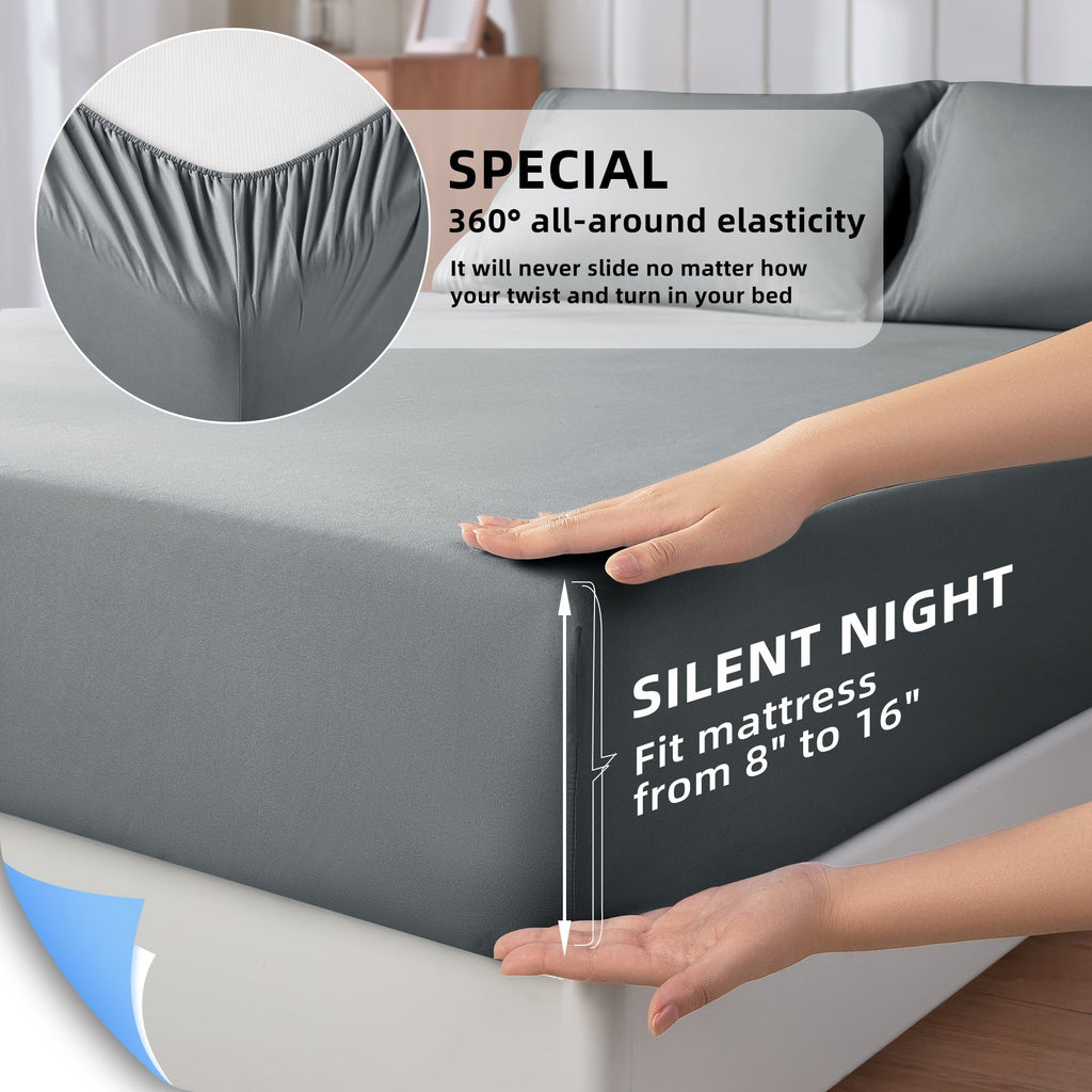 Premium Egyptian Cotton Shilucheng 4 Pieces Luxury Bed Sheets Set, Plush Microfiber Bed Sheets, 16" Deep Pocket, Queen, Dark Gray - Cooling Hotel Quality Bedding Sheets and Pillowcases Detail