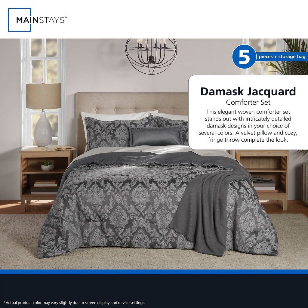 Heavyweight Warmth Full/Queen Comforter Set, All-Season, 5-Piece, Grey Jacquard Damask - Cloud-Like Soft Lightweight Bed Comforter Detail
