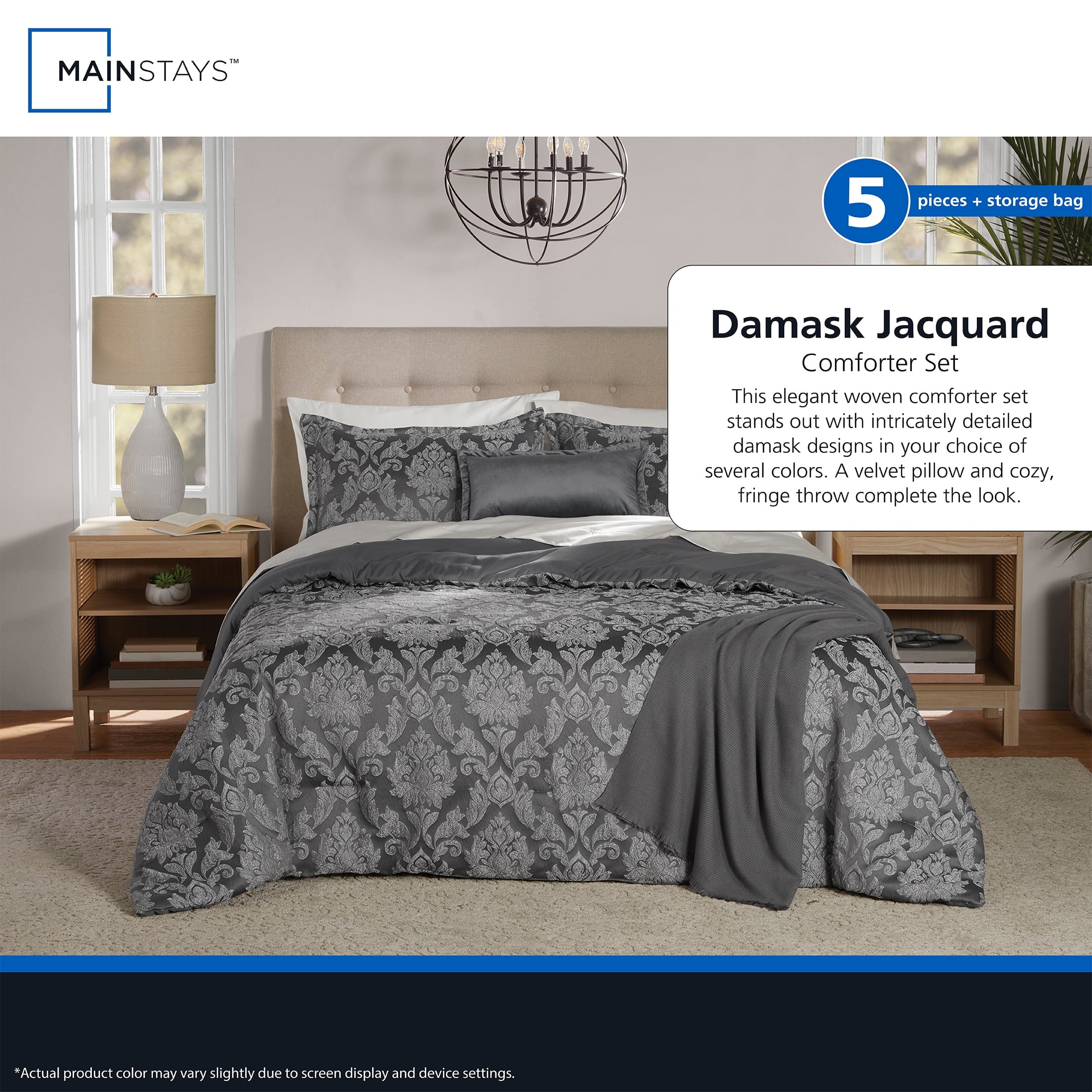 Heavyweight Warmth Full/Queen Comforter Set, All-Season, 5-Piece, Grey Jacquard Damask - Cloud-Like Soft Lightweight Bed Comforter Detail