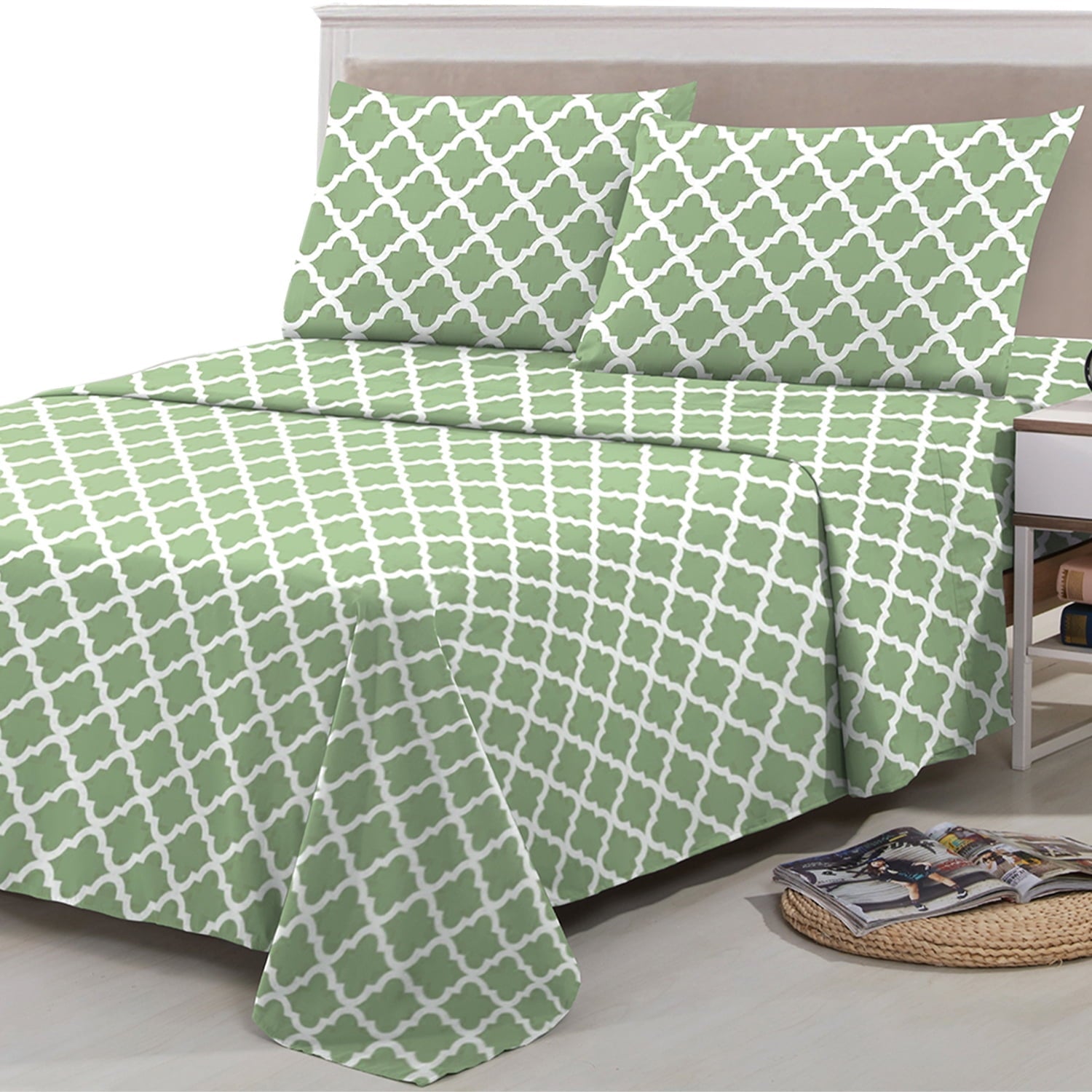 Wrinkle-Resistant Quatrefoil Bed Sheet Set (King, Sage/White) 4 Piece Deep Pocket 1800 Series Microfiber Bed Sheet Set Contains 1 Fitte... - Luxury Bed Sheet Set with Deep Pockets Detail