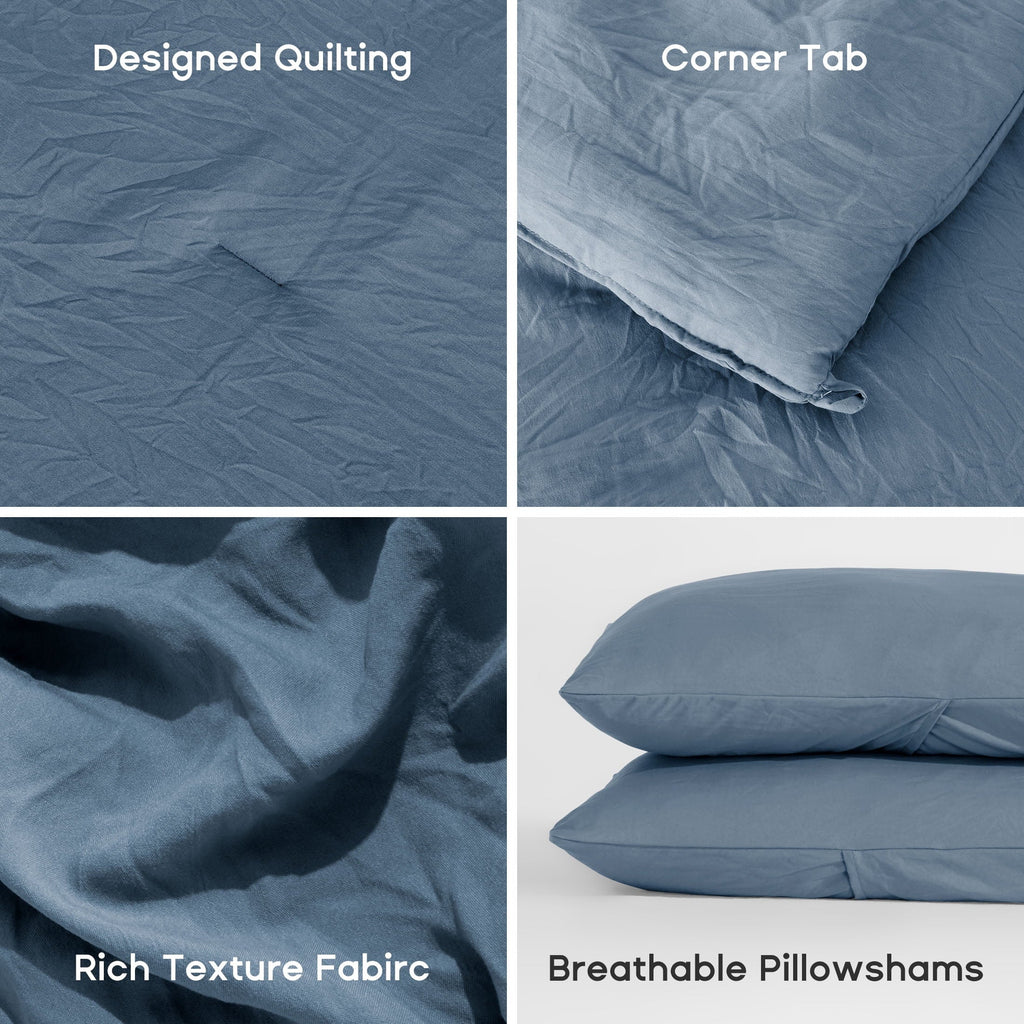 All-Season Washed Comforter Sets Queen 3 Piece, Soft and Cozy, Fluffy Microfiber Fill, Washed Textured Wrinkled Design (Flint St... - Luxurious Quilted Duvet Cover Set Detail