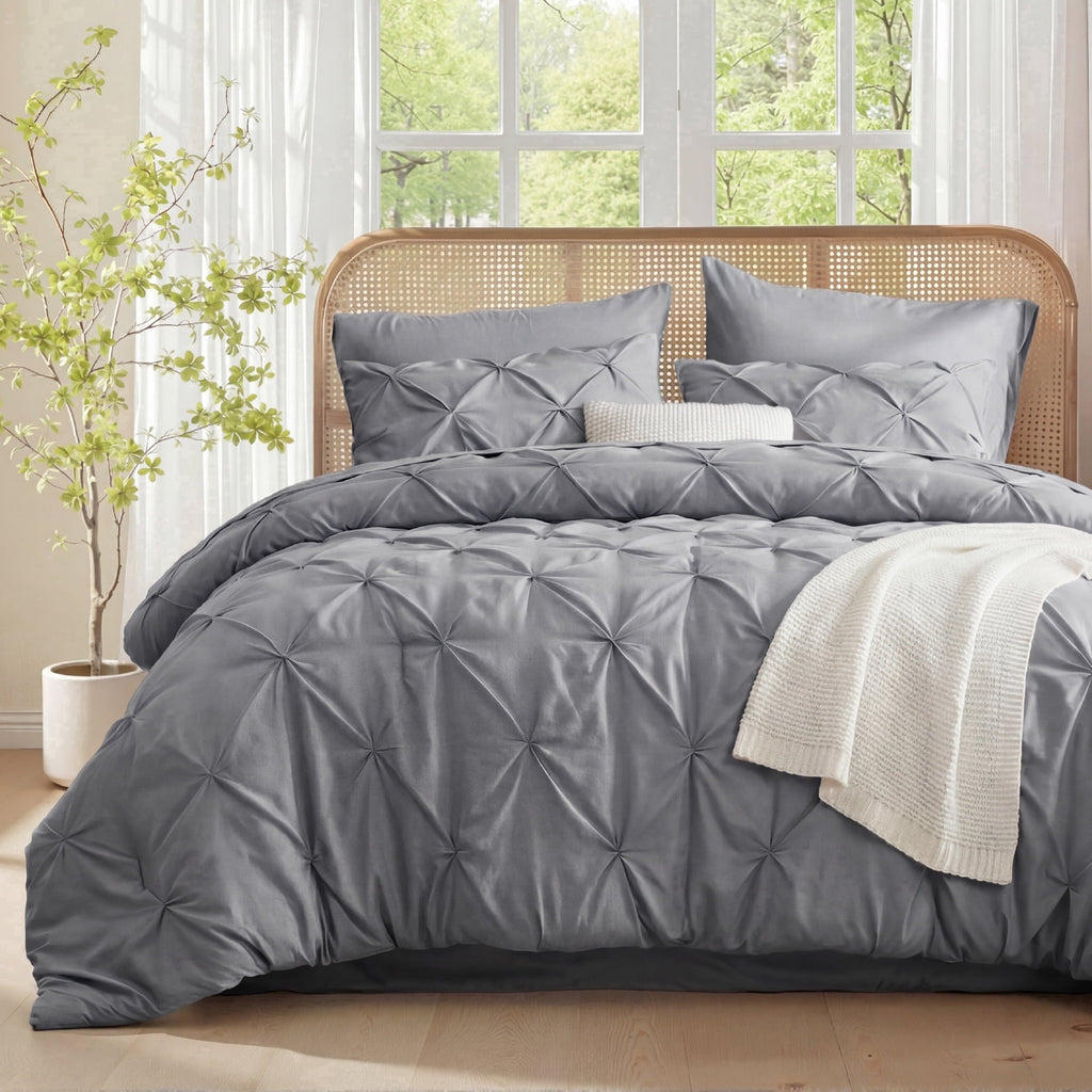 Fluffy Down Alternative Queen Comforter Set Grey, Bed in a Bag Queen Size Bedding, 7 Pieces Pinch Pleat All Season Comforter - Hypoallergenic Ultra-Fluffy Quilt for Winter Detail
