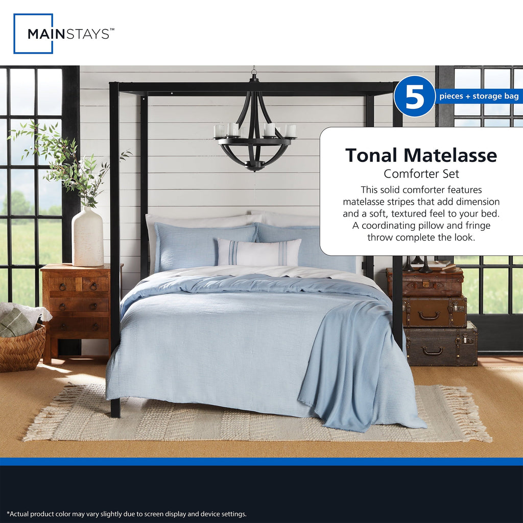 Luxurious Quilted Full/Queen Comforter Set, All-Season, 5-Piece, Blue Matelasse Tonal Stripe - Hypoallergenic Ultra-Fluffy Quilt for Winter Detail