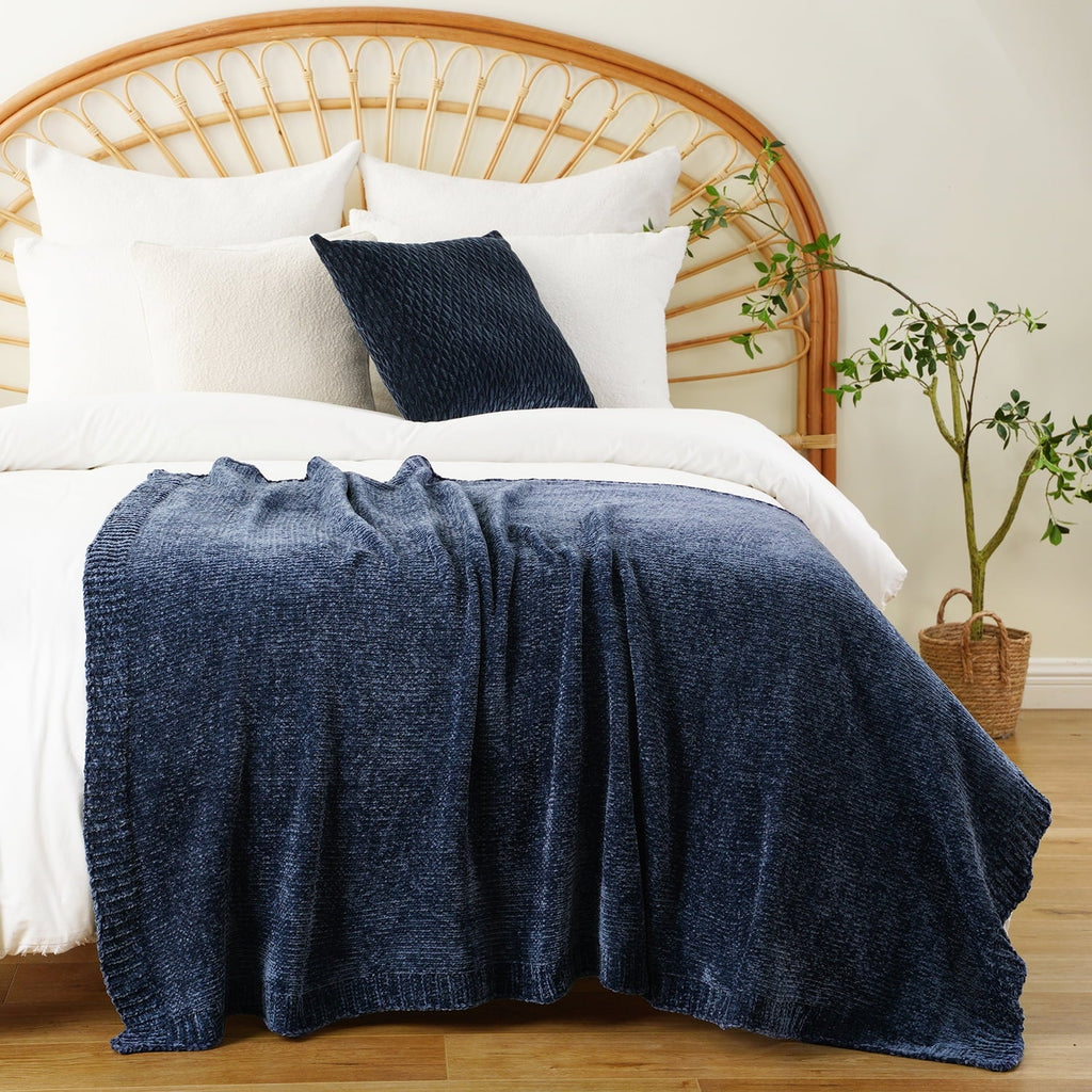 Reversible Sherpa Navy Blue Chenille Throw for Couch Bed,Soft Navy Knit Blanket, Housewarming Gifts, 51"x 67" - Lightweight Plush Warm Blanket for All Seasons Detail