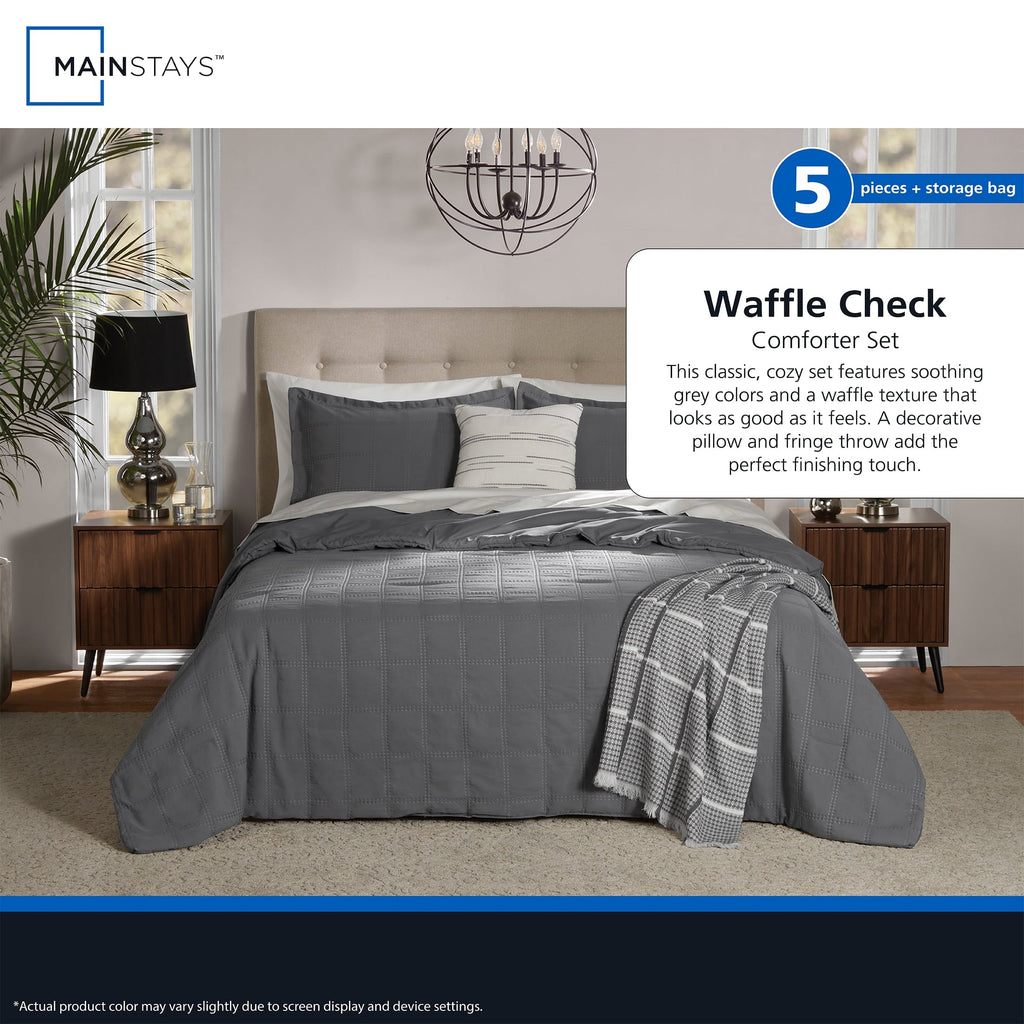 All-Season Full/Queen Comforter Set, All-Season, 5-Piece, Grey Waffle Check - Hypoallergenic Ultra-Fluffy Quilt for Winter Detail