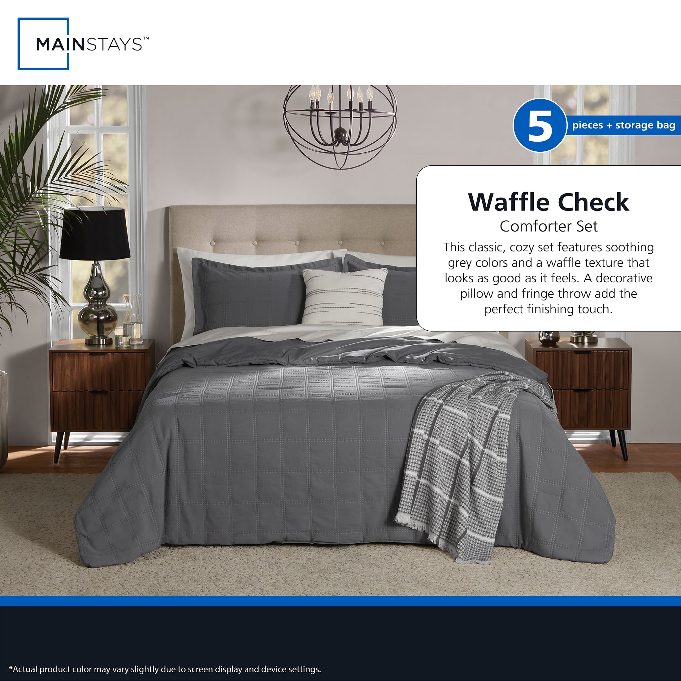 All-Season Full/Queen Comforter Set, All-Season, 5-Piece, Grey Waffle Check - Hypoallergenic Ultra-Fluffy Quilt for Winter Detail