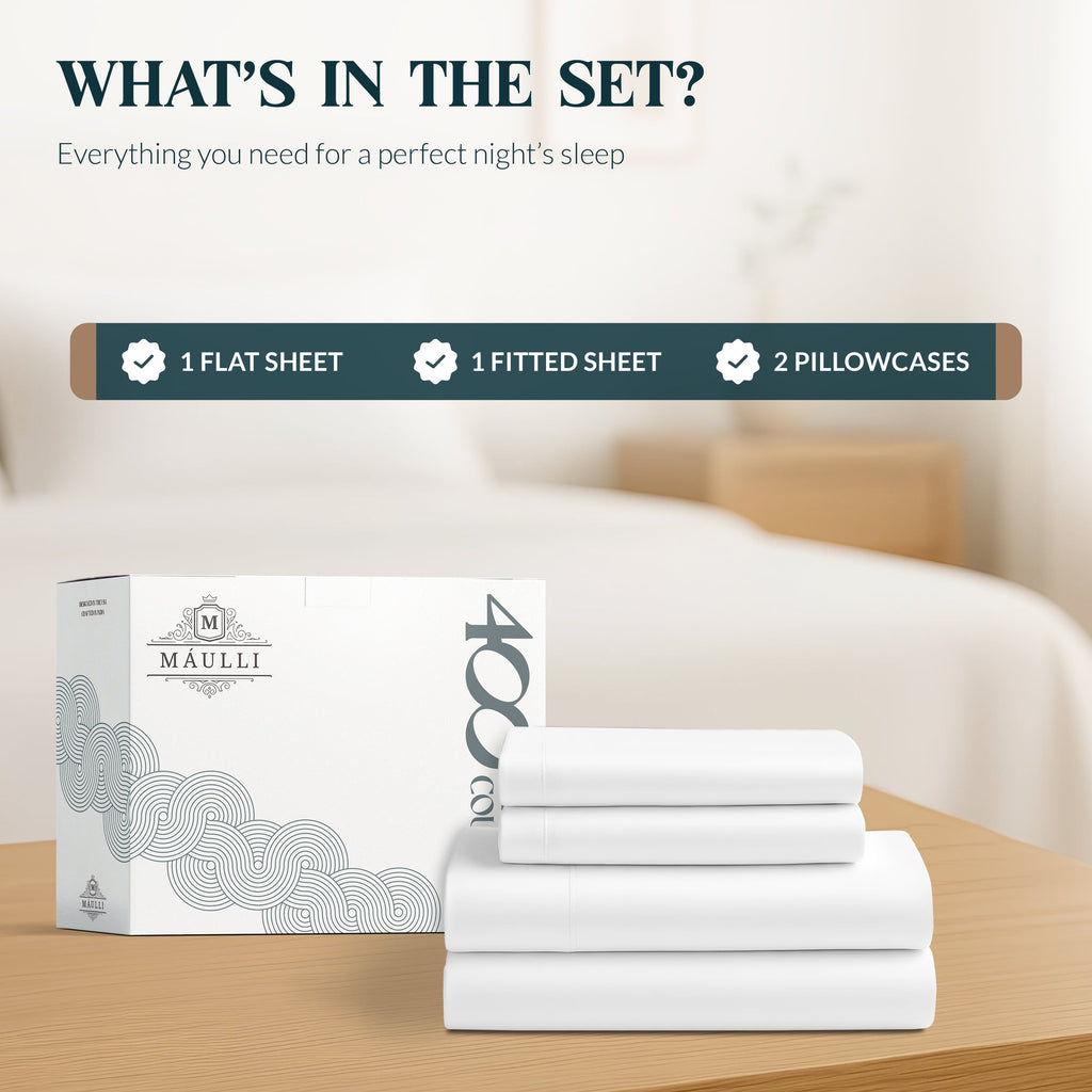 Cooling Sateen 100% Cotton Sheets For Queen Size Bed - Luxury 400 Thread Count Queen Sheet Set, 4 Piece Sateen Weave Queen White Cot... - Premium Ultra-Soft Pillowcase Pair for Sleeping Detail
