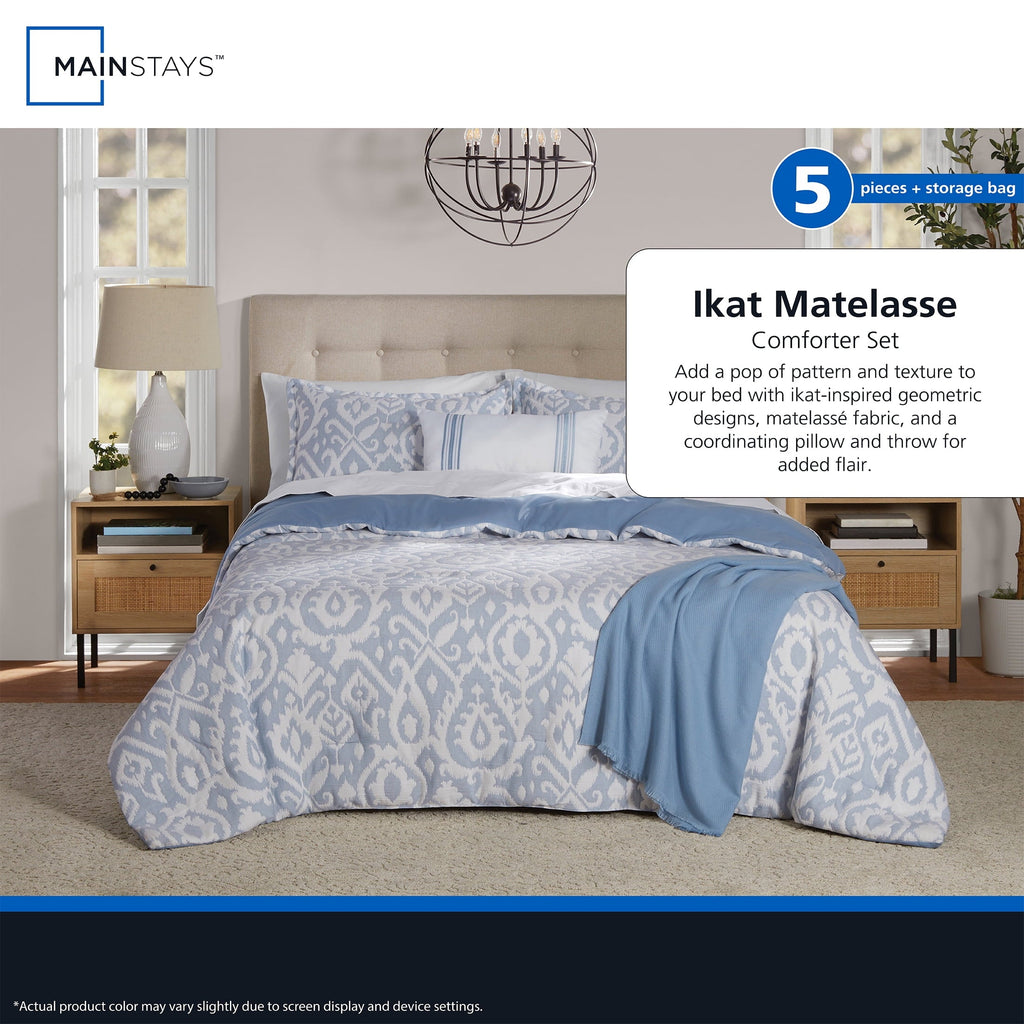 Fluffy Down Alternative Full/Queen Comforter Set, All-Season, 5-Piece, Blue Matelasse Ikat - Luxurious Quilted Duvet Cover Set Detail