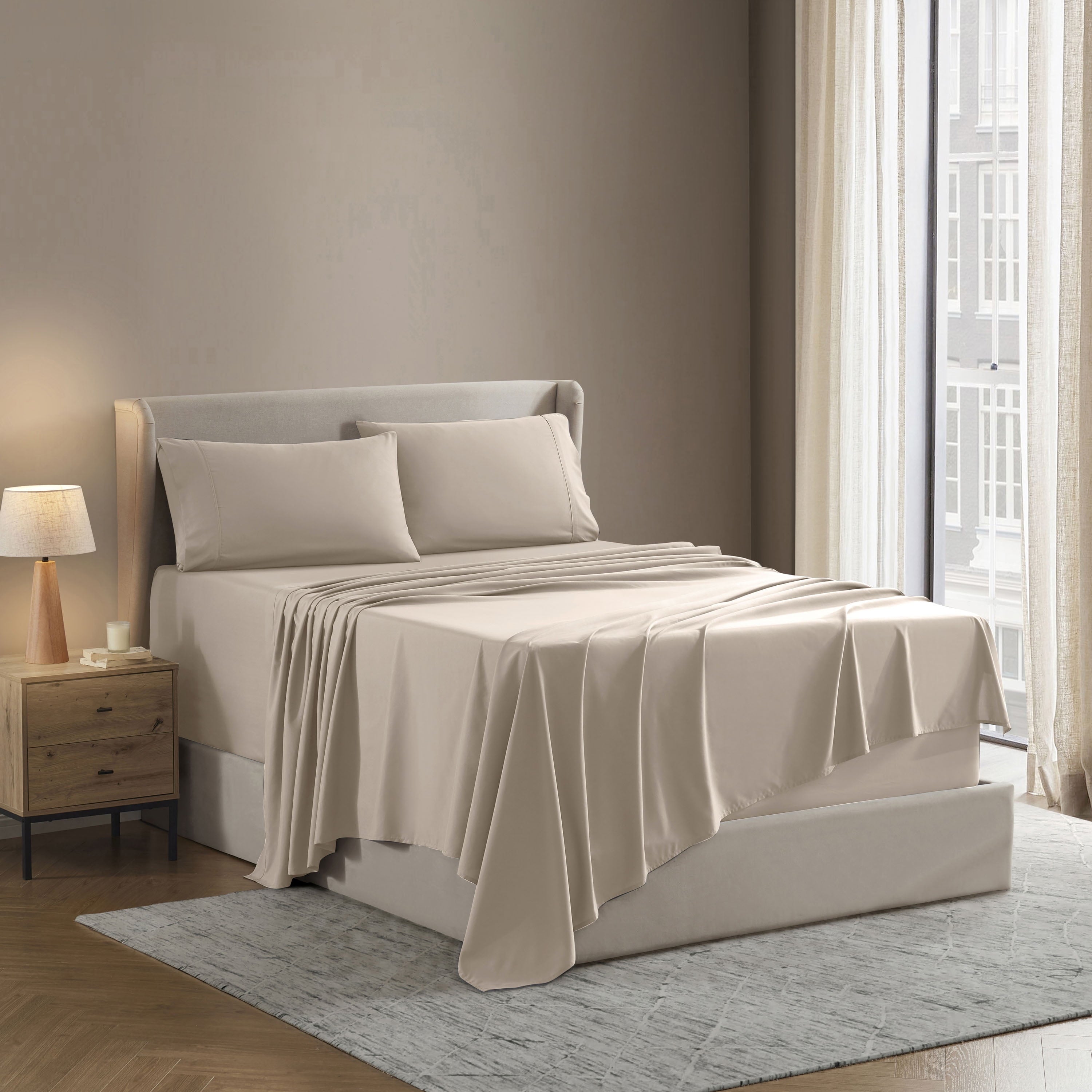Cooling Sateen King Sheet Sets, 1800 Series Deep Pocket 4 Piece, Luxury Soft Microfiber Bed Sheet Sets, BEIGE CREAM - Breathable Egyptian Cotton Flat & Fitted Sheets Detail