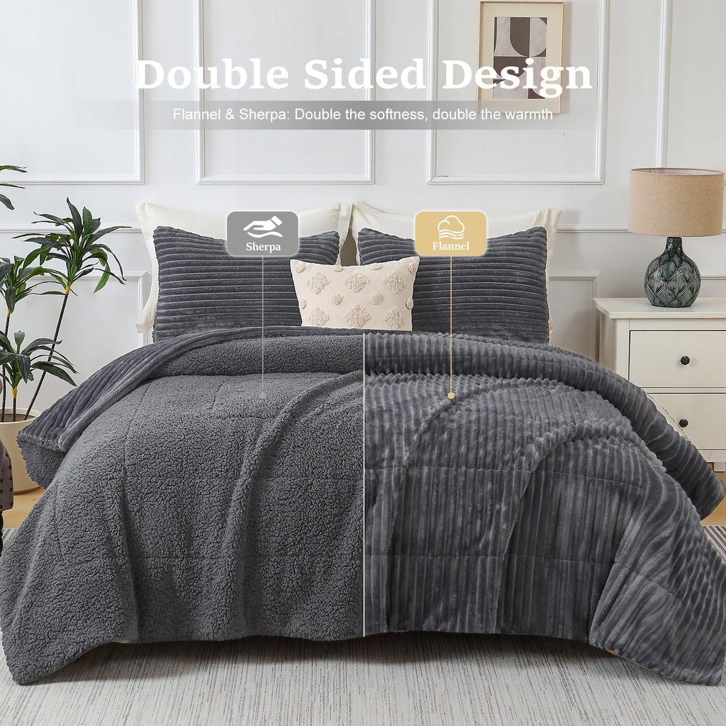 Hypoallergenic Cloud 3 Piece Fleece Queen Comforter Set - Soft & Warm Fluffy Dark Gray Sherpa Bedding , Fuzzy Heavy Double Sided Design Wi... - All-Season Down Alternative Comforter Insert Detail