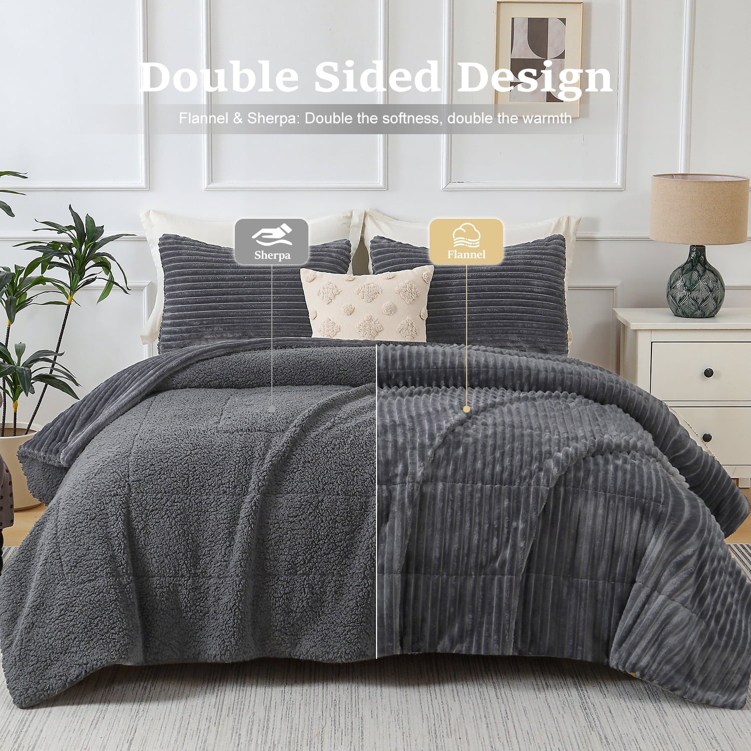 Hypoallergenic Cloud 3 Piece Fleece Queen Comforter Set - Soft & Warm Fluffy Dark Gray Sherpa Bedding , Fuzzy Heavy Double Sided Design Wi... - All-Season Down Alternative Comforter Insert Detail