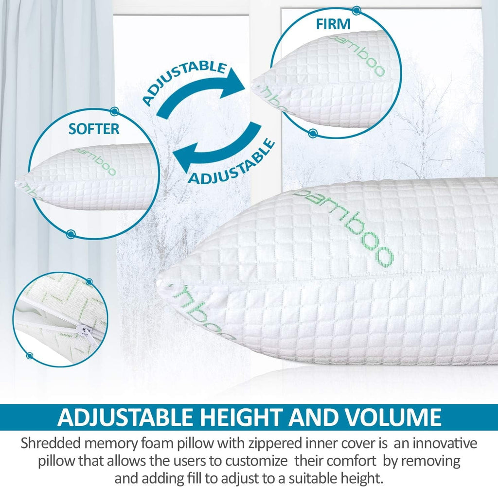 Orthopedic Support Queen Size Bamboo Pillow, Memory Foam Bed Pillows with Washable Pillowcases, Queen - Hotel Quality Plush Sleeping Pillows Detail