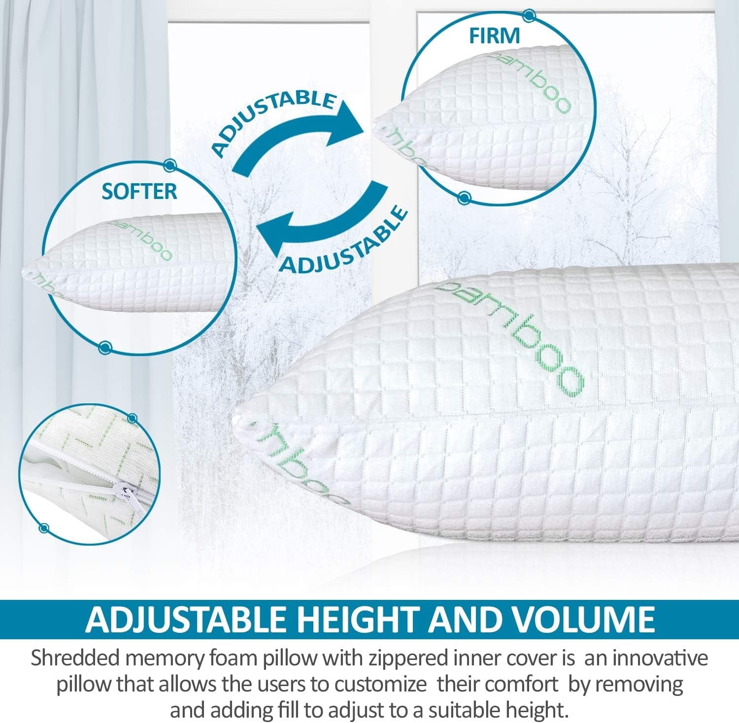 Orthopedic Support Queen Size Bamboo Pillow, Memory Foam Bed Pillows with Washable Pillowcases, Queen - Hotel Quality Plush Sleeping Pillows Detail