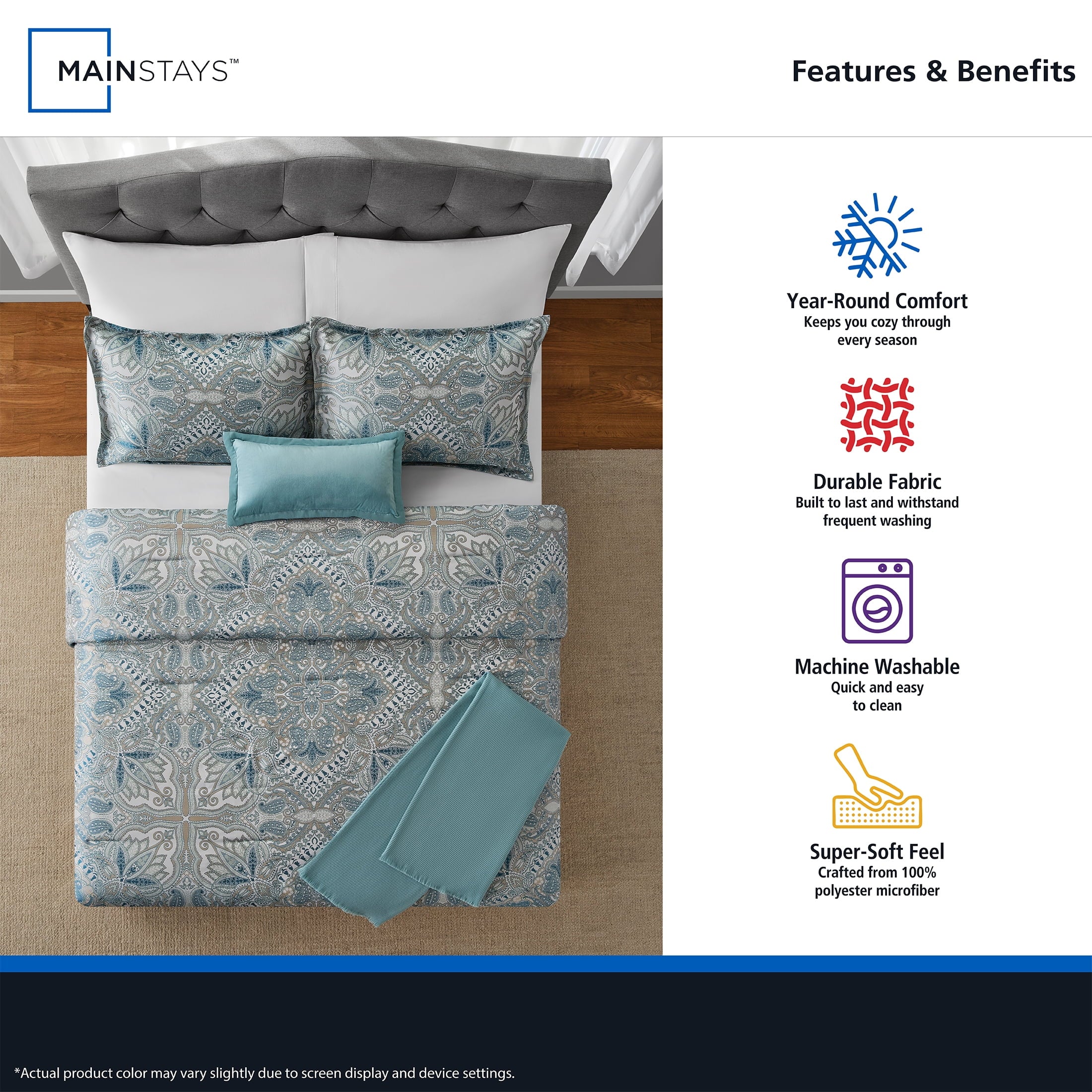 Fluffy Down Alternative Full/Queen Comforter Set, All-Season, 5-Piece, Teal Jacquard Medallion - Luxurious Quilted Duvet Cover Set Detail