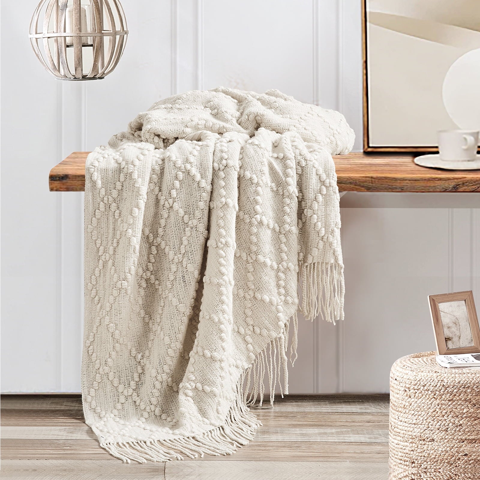 Lightweight Warm Texture Pure Color Soft Throw Blanket and Sofa Or Bed Knitted Decorative Blanket 50 x70 inches Jacquard Diamond Beige... - Luxury Knitted Decorative Throw Blanket with Fringes Detail