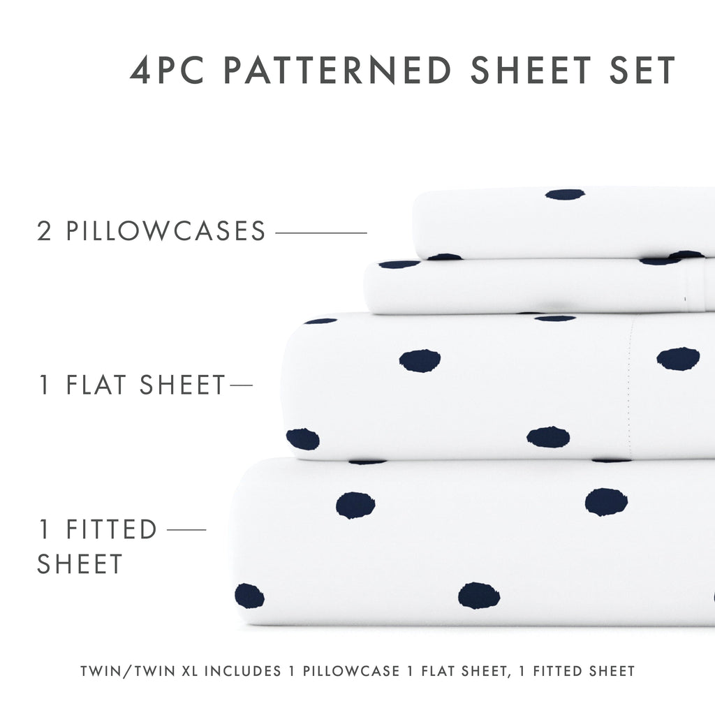 Breathable Luxury 4 Piece Pattern Microfiber Bed Sheets Set, Navy Dots, California King - Premium Ultra-Soft Pillowcase Pair for Sleeping Detail