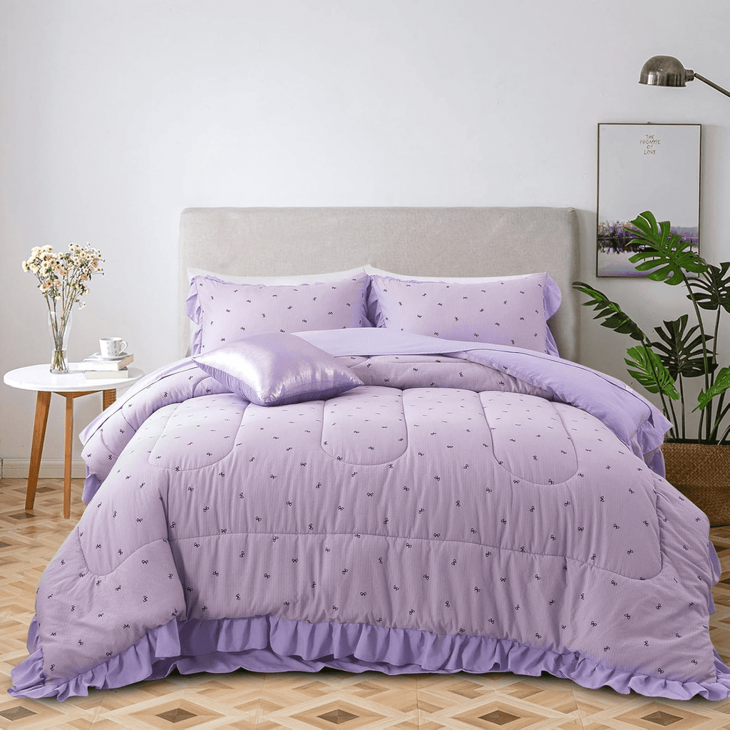 Heavyweight Warmth 6 Piece Delicate Bows Purple Bedding Set Ruffle Princess Style Comforter Set Bed in a Bag - Cloud-Like Soft Lightweight Bed Comforter Detail