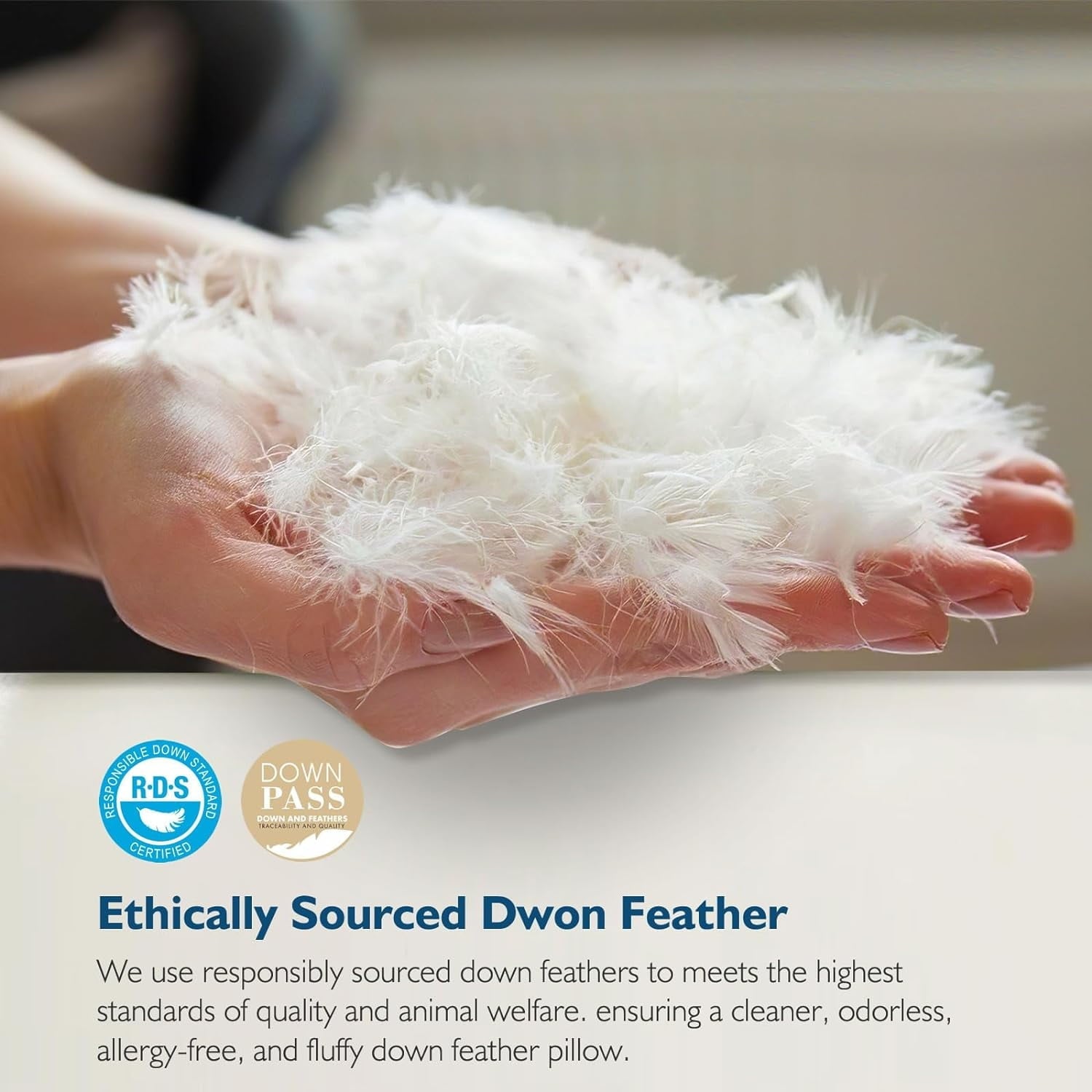 Hotel Collection Hypoallergenic 3‑Chamber Goose Feather Down Core Bed Pillows, Standard Size Set of 2, With Microfiber Surround, Soft-... - Orthopedic Shredded Foam Bed Pillow Set Detail