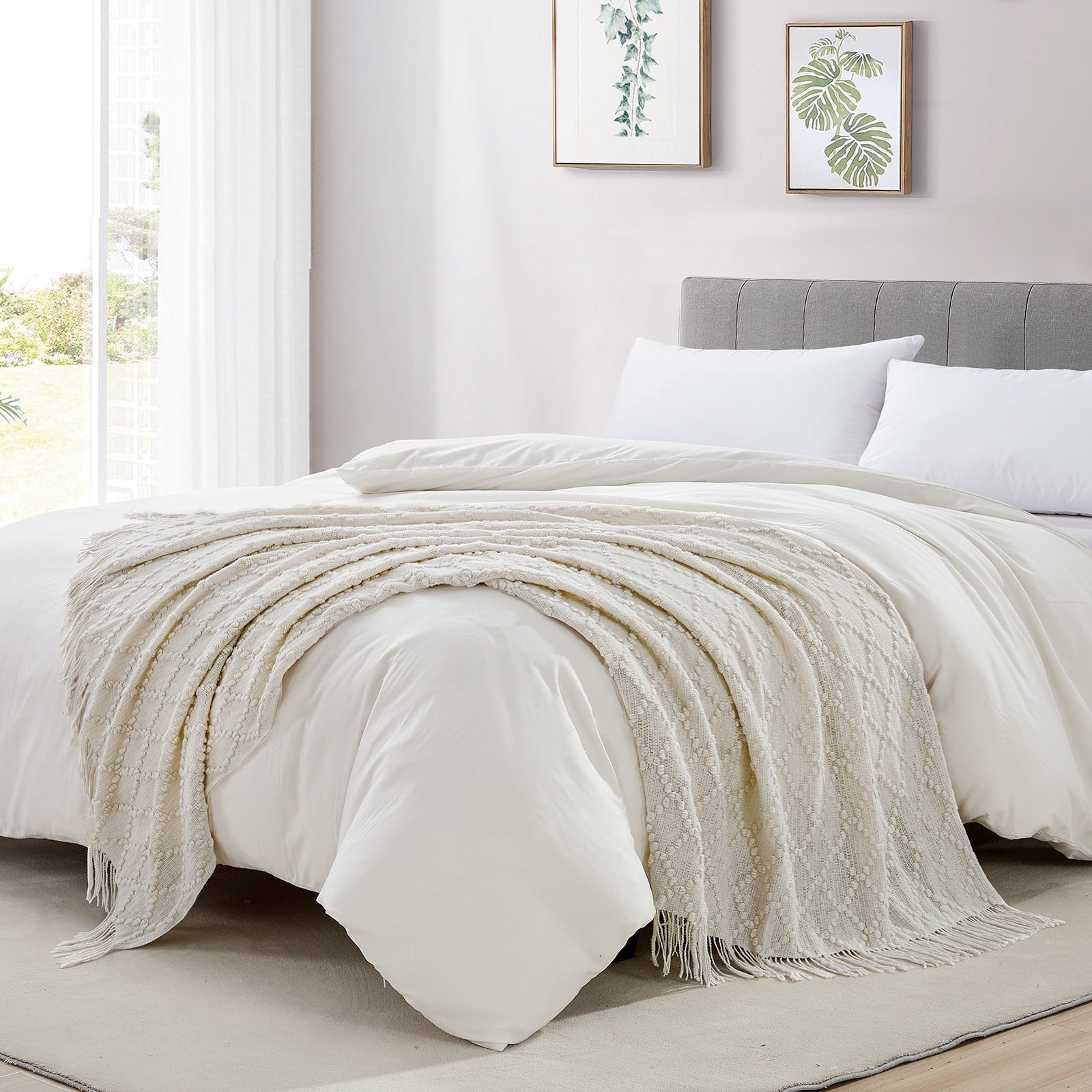 Lightweight Warm Texture Pure Color Soft Throw Blanket and Sofa Or Bed Knitted Decorative Blanket 50 x70 inches Jacquard Diamond Beige... - Luxury Knitted Decorative Throw Blanket with Fringes Detail
