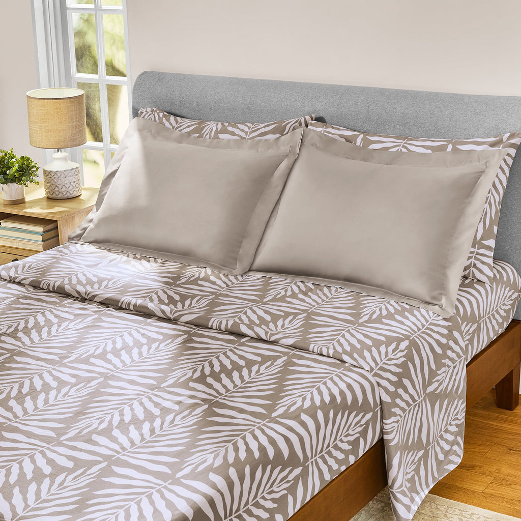 Luxurious Quilted All in One Reversible Comforter and Sheet Set- 7 Piece, Queen, Beige Palm - Luxurious Quilted Duvet Cover Set Detail