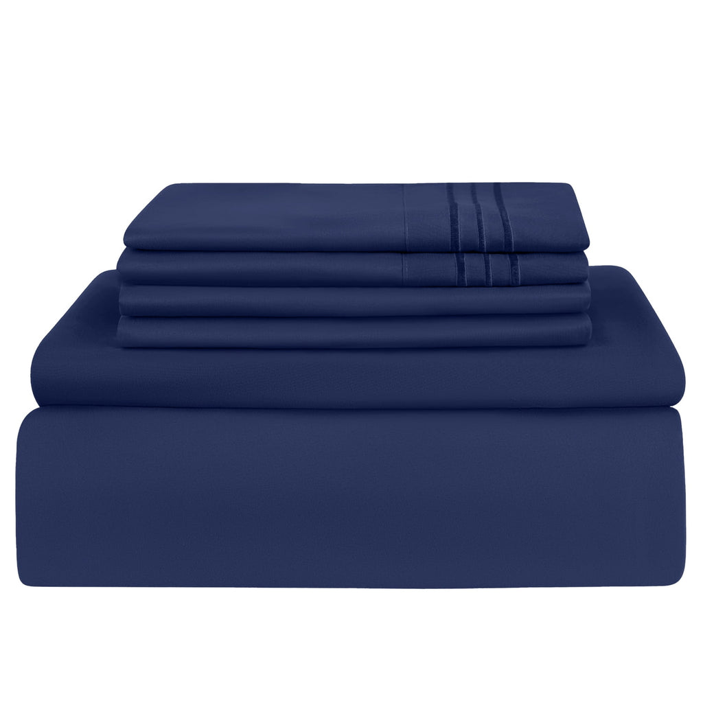 Breathable Luxury Queen Bed Sheets Set, 6 Pc Microfiber Bed Sheets, Extra Deep Pocket Queen Fitted Sheet, Flat Sheet & Pillowcases, Nav... - Luxury Bed Sheet Set with Deep Pockets Detail