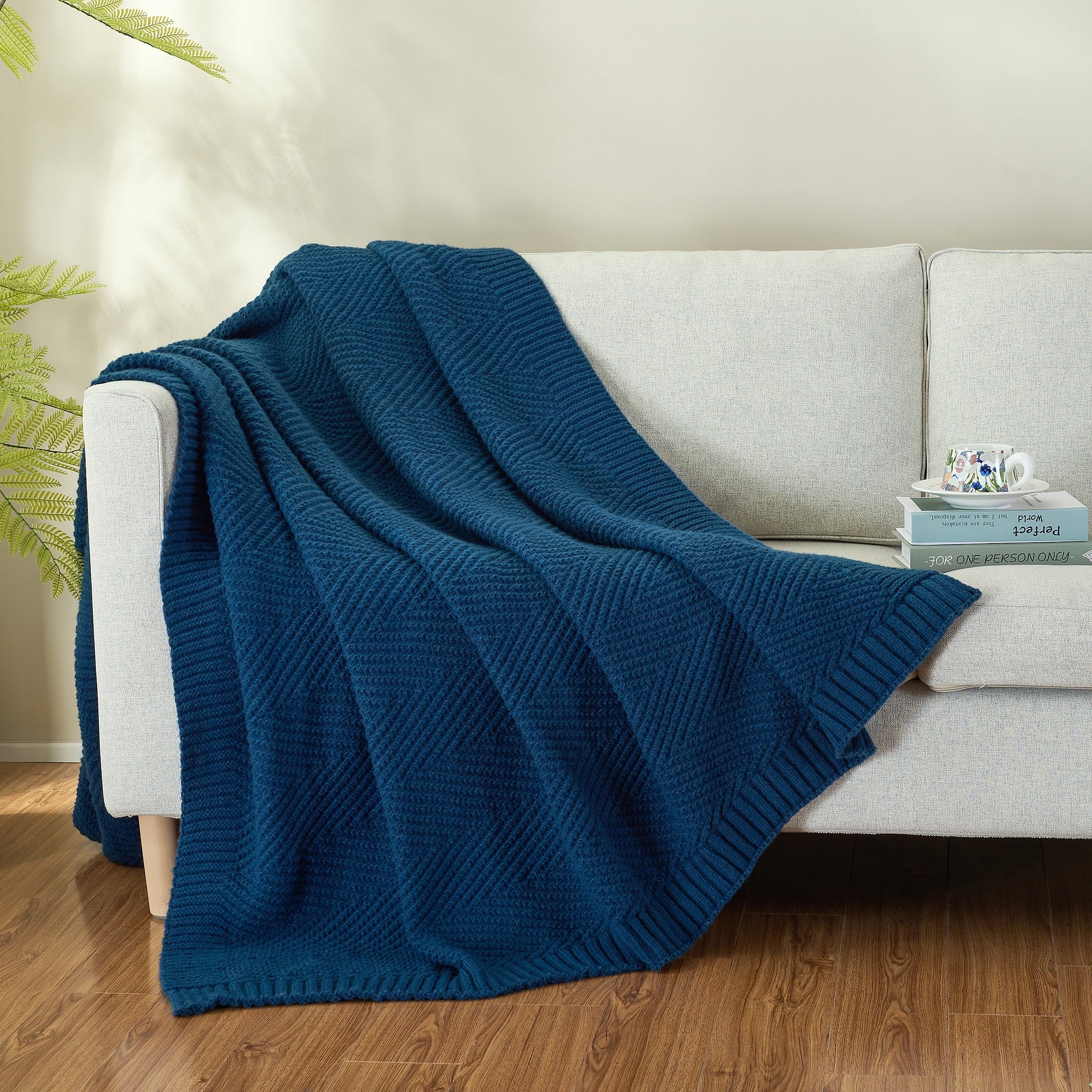 Decorative Knitted Soft Knitted Throw Blanket 50" x 60" Navy Blue, Boho Chevron Farmhouse Throw for Bed Couch - Luxury Knitted Decorative Throw Blanket with Fringes Detail