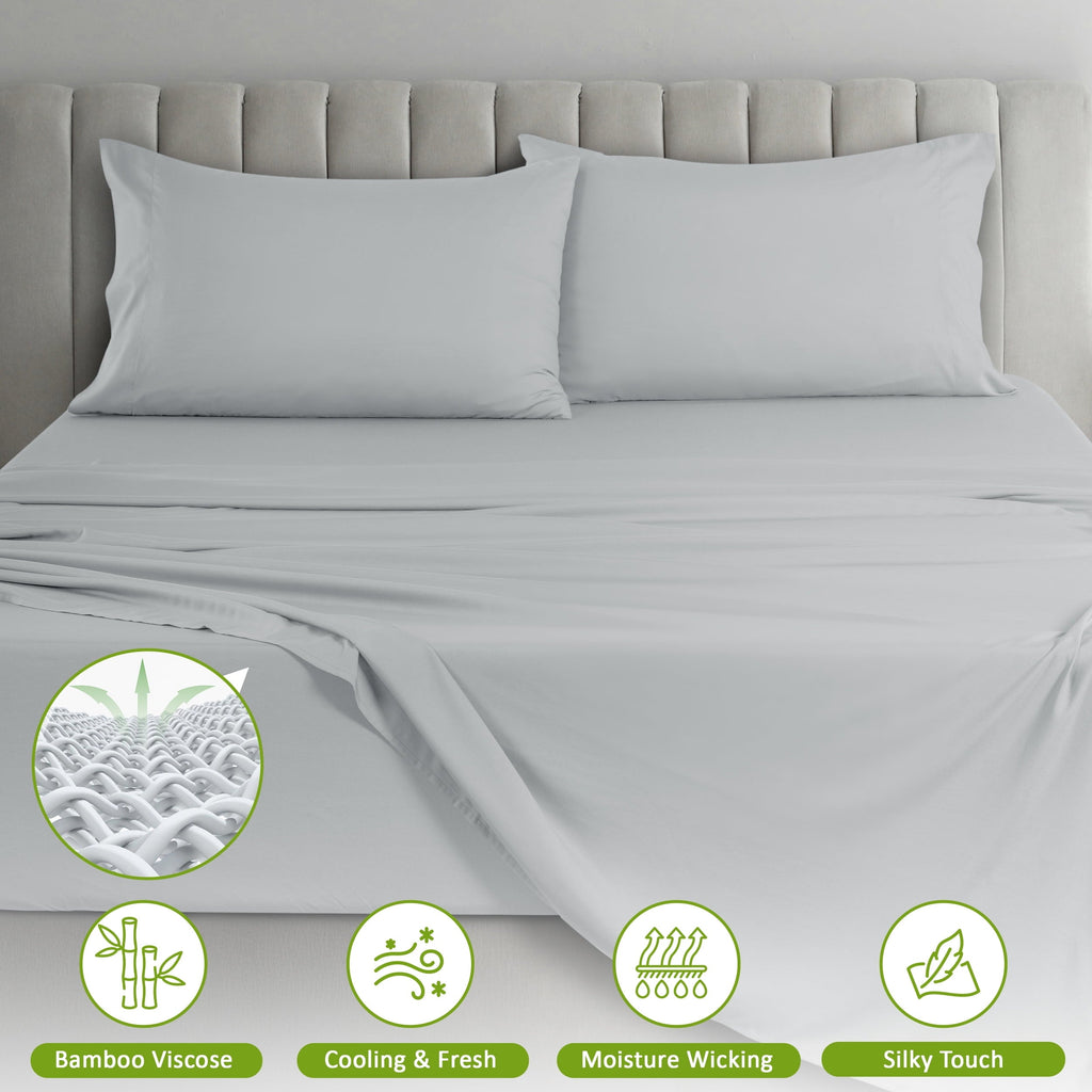 Wrinkle-Resistant Rayon - 4 Piece Cooling Bed Sheets Set, Gray - Premium Ultra-Soft Pillowcase Pair for Sleeping Detail
