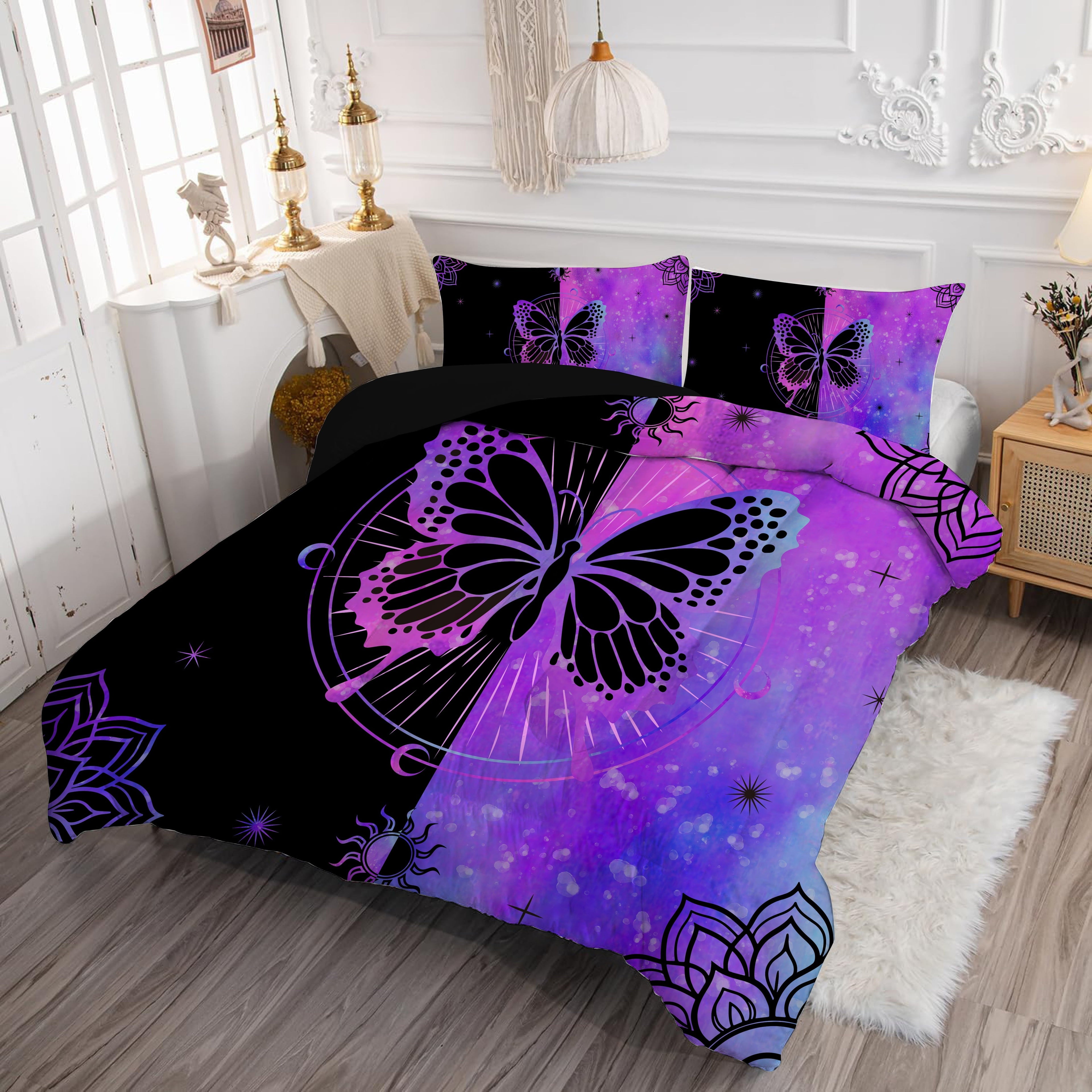 Hypoallergenic Cloud Butterfly Comforter Set Full Size for Girls Kids Teens Black Blue Purple Tie Dye Bedding Set 3 Pieces - All-Season Down Alternative Comforter Insert Detail