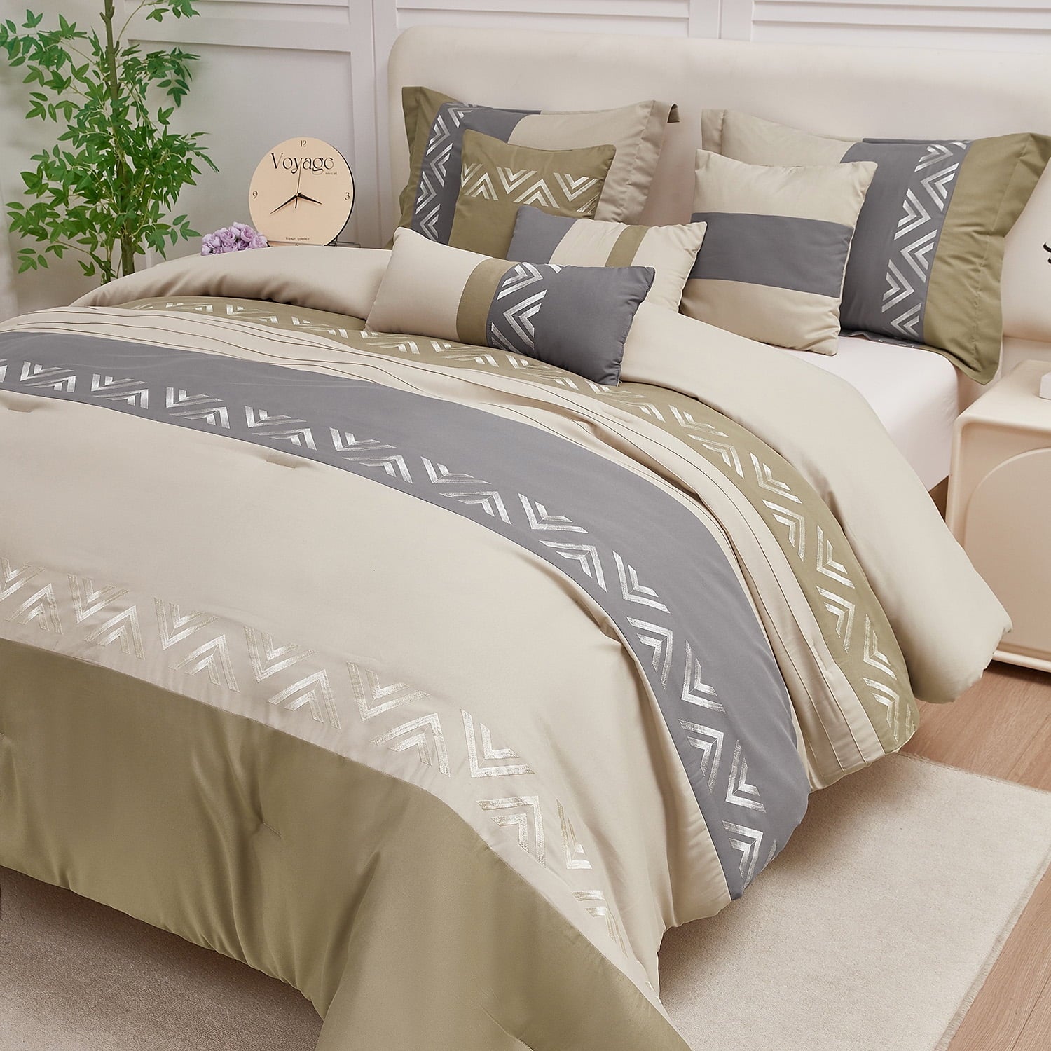 Heavyweight Warmth 7 Piece Embroidery Design Bed-in-a-Bag, Taupe Queen Size Ultra Soft Comforter Set for Adults - Hypoallergenic Ultra-Fluffy Quilt for Winter Detail