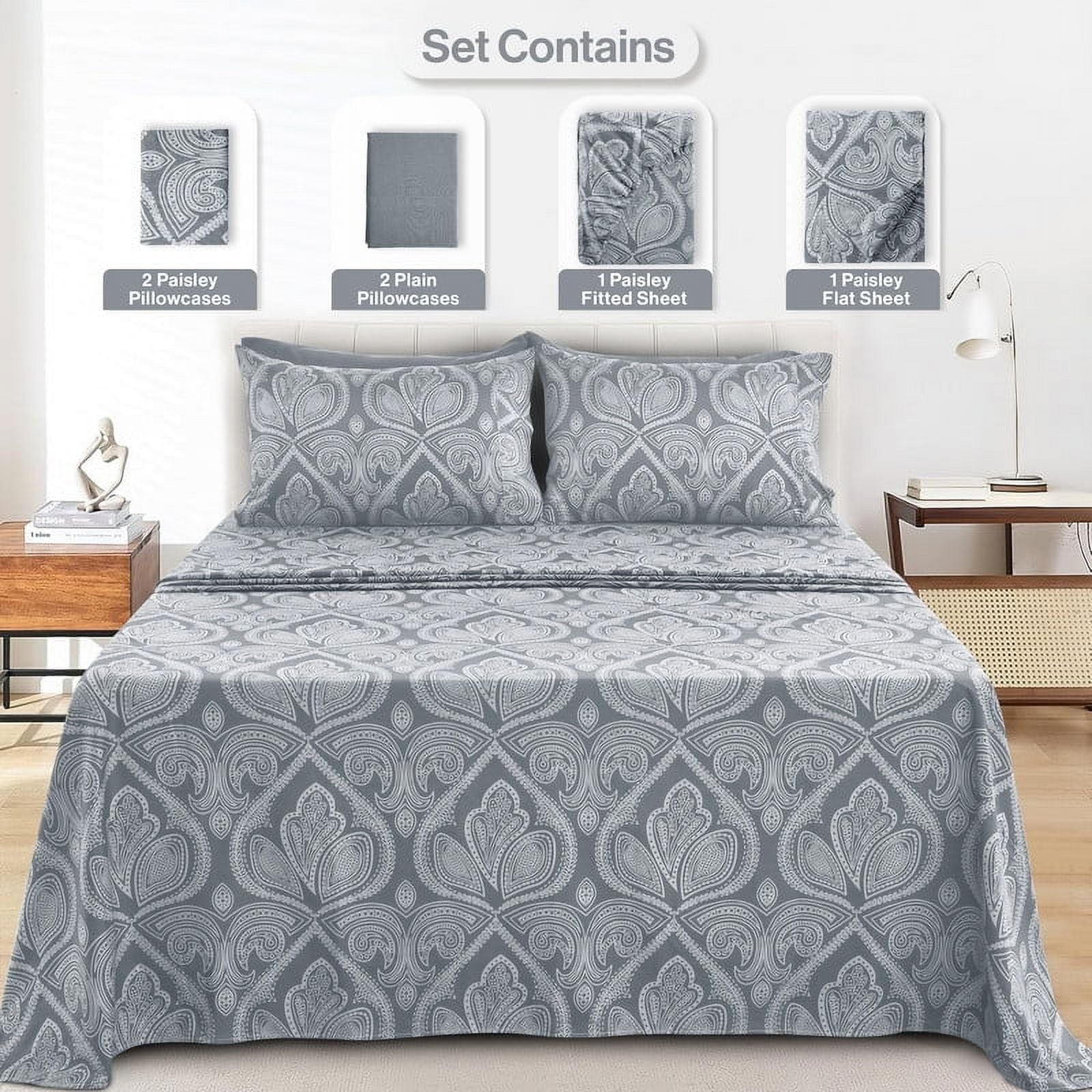 Cooling Sateen 6-Piece Bed Sheet Set, Deep Pocket Queen Sheets Up to 16 Inch, 1 Flat Sheet , 1 Fitted Sheet & 4 Pillowcases (Queen, ... - Breathable Egyptian Cotton Flat & Fitted Sheets Detail