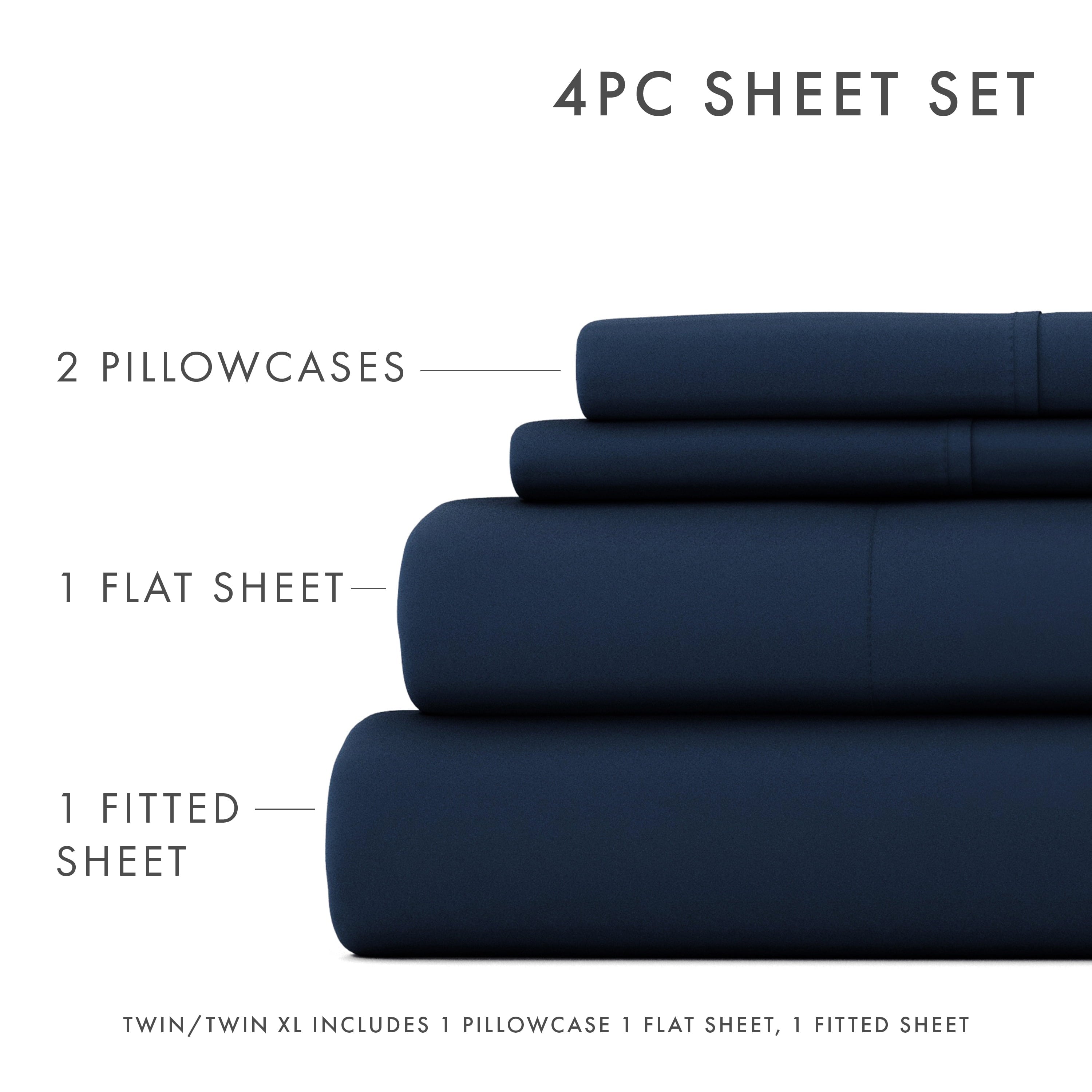 Cooling Sateen 4 Piece Solid Microfiber Bed Sheet Set, Navy, Queen - Breathable Egyptian Cotton Flat & Fitted Sheets Detail