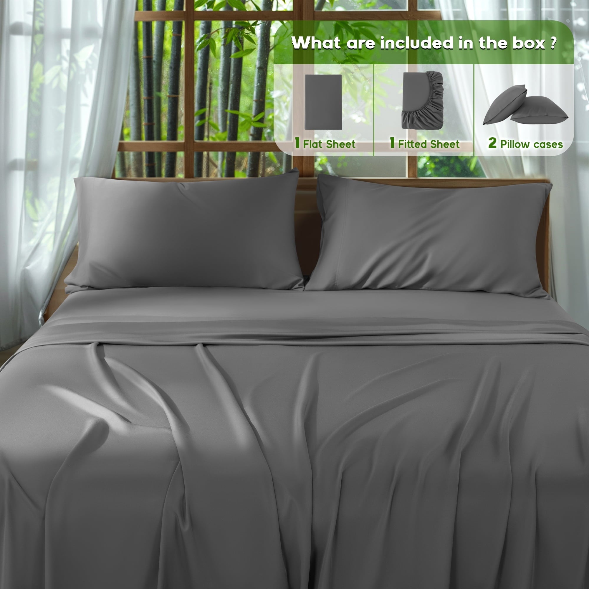 Ultra-Soft Luxury Bamboo Bed Sheet Set - Deep Pockets - 4 Piece, Queen, Dark Gray - Luxury Bed Sheet Set with Deep Pockets Detail