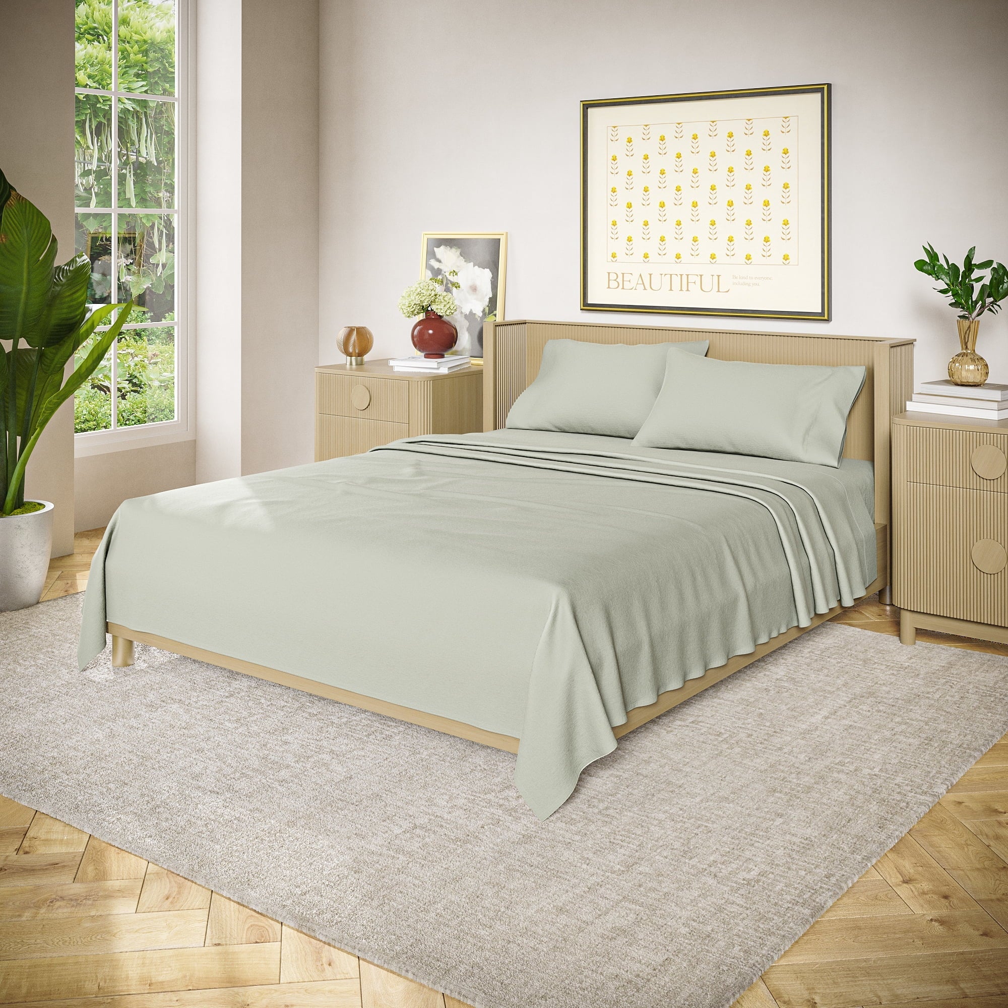 Cooling Sateen Solid 4-Piece 100% Cotton Washed Percale Sage Green Sheet Set, Full - Luxury Bed Sheet Set with Deep Pockets Detail