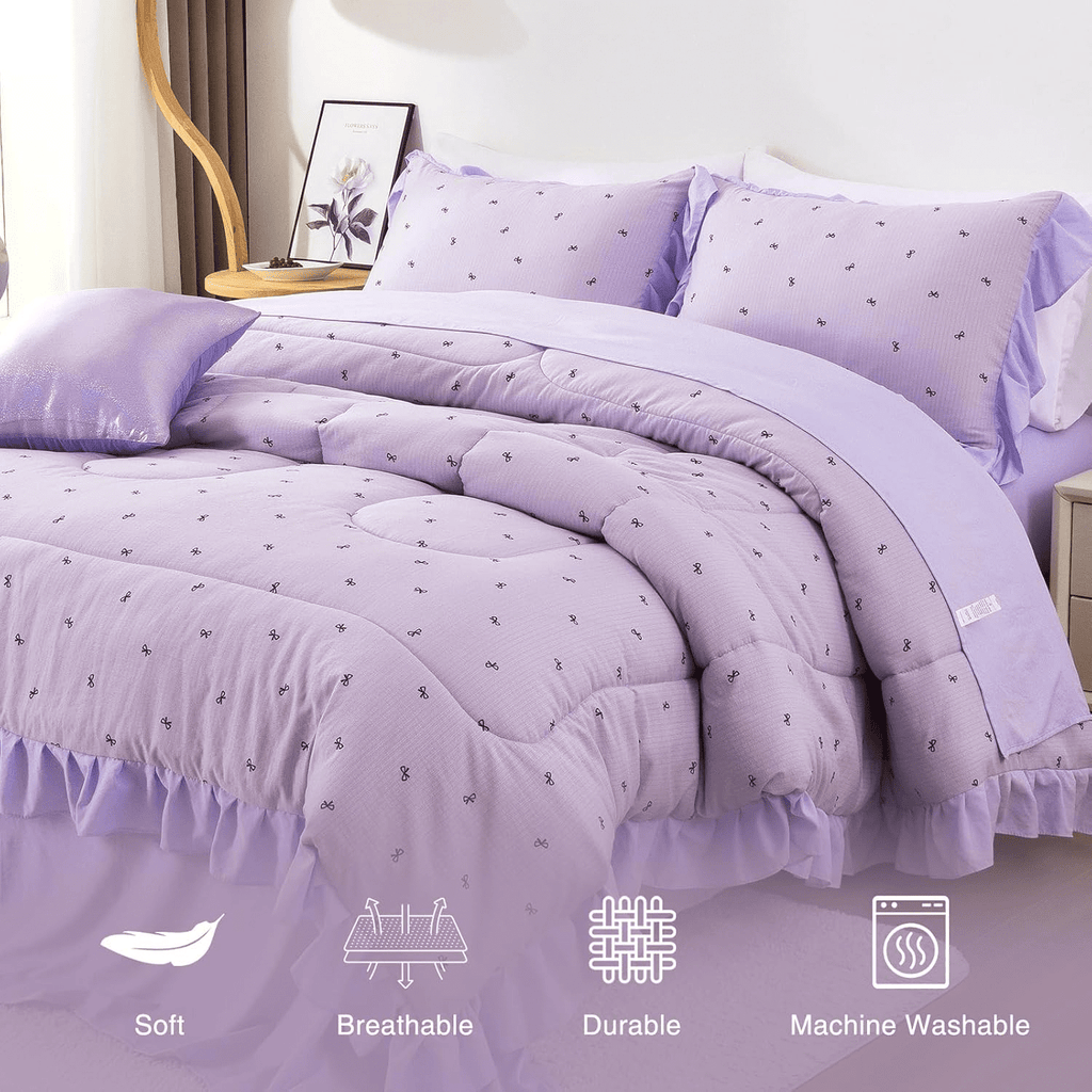Heavyweight Warmth 6 Piece Delicate Bows Purple Bedding Set Ruffle Princess Style Comforter Set Bed in a Bag - Cloud-Like Soft Lightweight Bed Comforter Detail