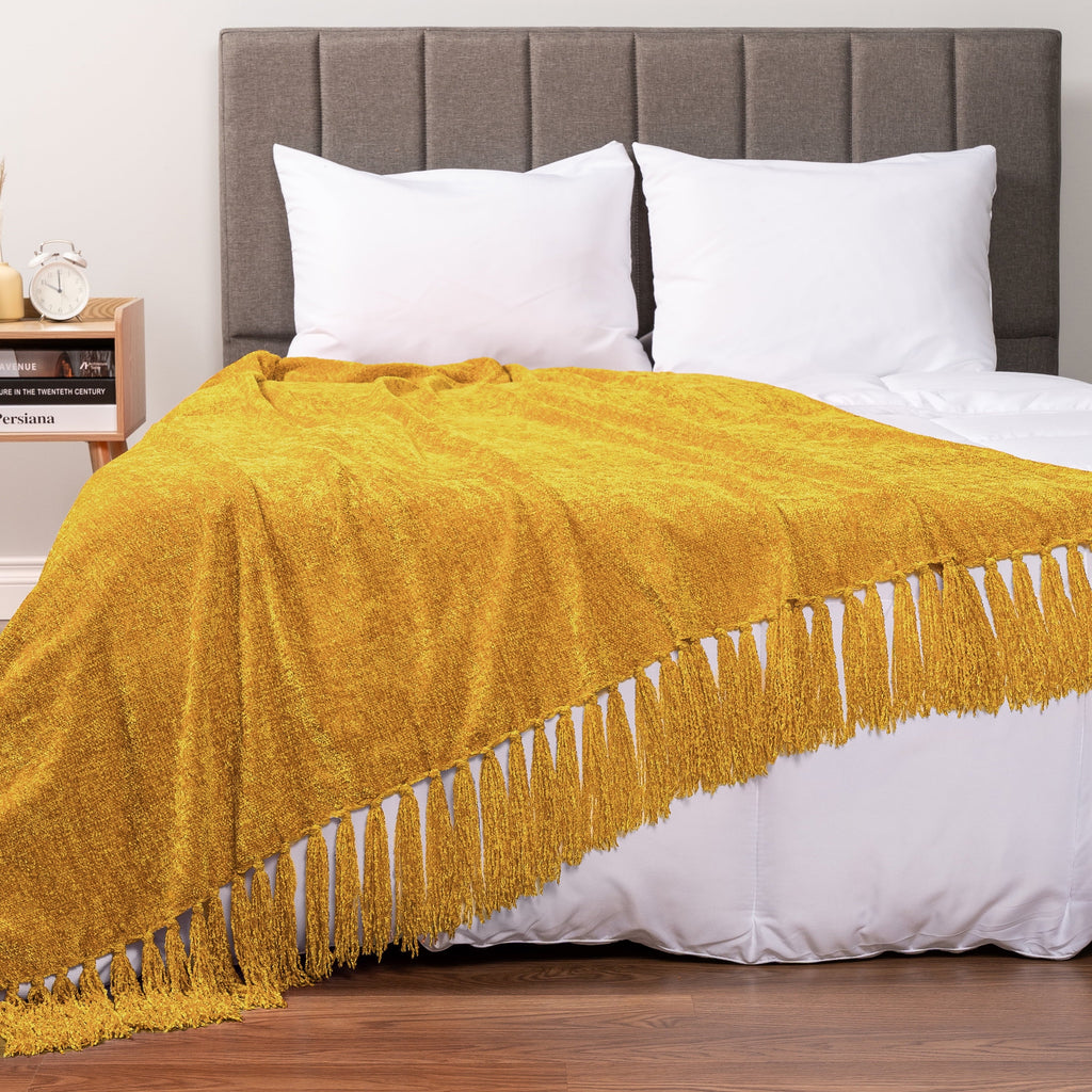 Super Soft Flannel Mustard Yellow Chenille Throw Blanket for Couch, Soft Gold Knit Blanket with Tassel Fringe, Woven Chenille Knitted De... - Super Soft Reversible Sherpa Flannel Blanket Detail