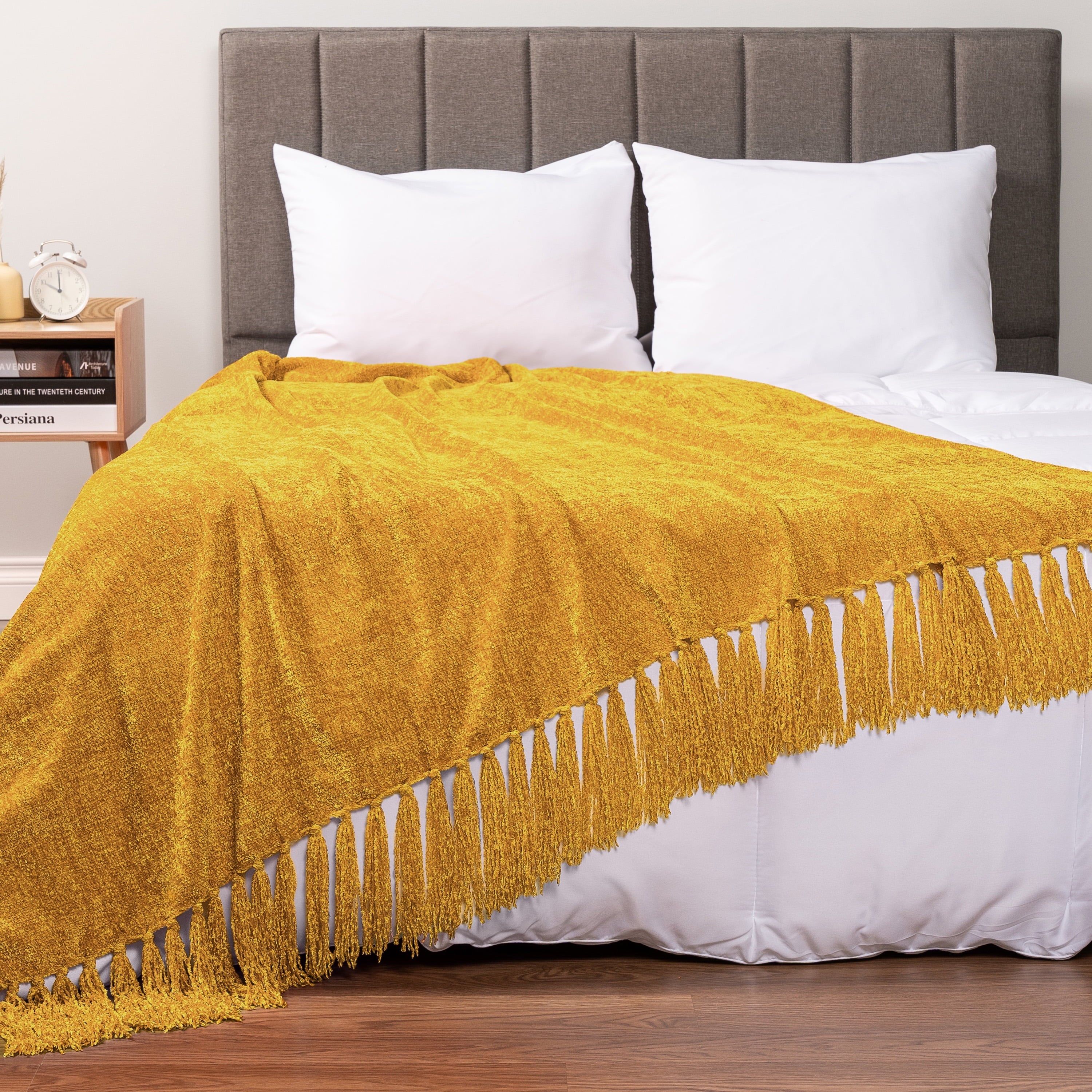 Super Soft Flannel Mustard Yellow Chenille Throw Blanket for Couch, Soft Gold Knit Blanket with Tassel Fringe, Woven Chenille Knitted De... - Super Soft Reversible Sherpa Flannel Blanket Detail