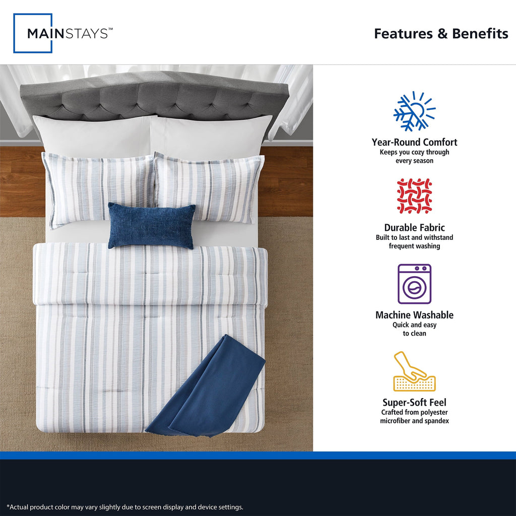 Fluffy Down Alternative Full/Queen Comforter Set, All-Season, 5-Piece, Blue Yarn Dyed Stripe - Luxurious Quilted Duvet Cover Set Detail