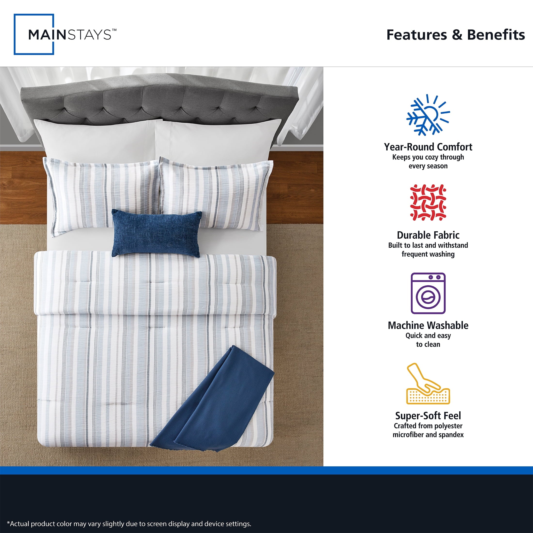 Fluffy Down Alternative Full/Queen Comforter Set, All-Season, 5-Piece, Blue Yarn Dyed Stripe - Luxurious Quilted Duvet Cover Set Detail