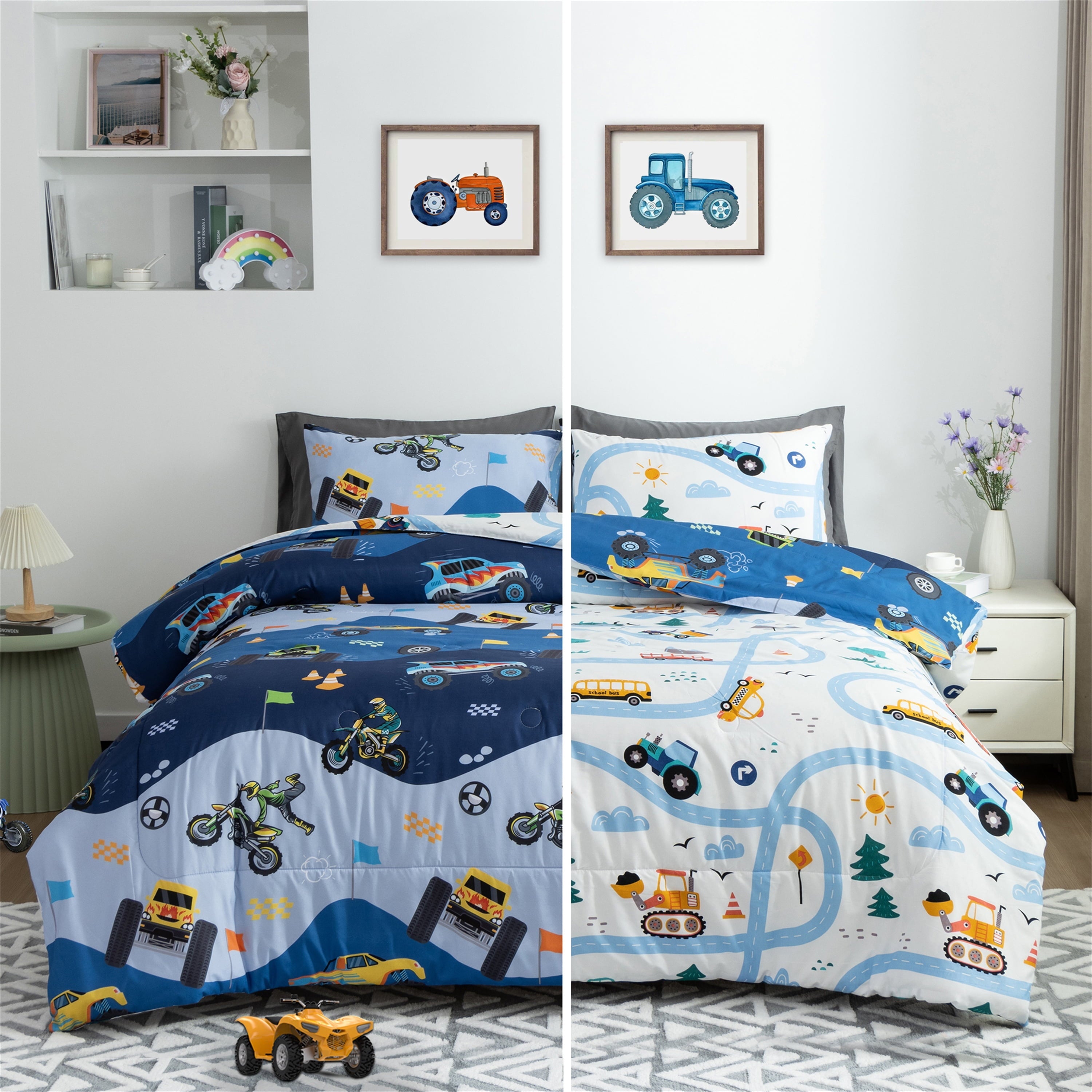 Hypoallergenic Cloud 3Pcs Reversible Construction Truck Twin Comforter Set for Boys Kids Excavator Vehicle Motorcycle Bedding Set Blue - Cloud-Like Soft Lightweight Bed Comforter Detail